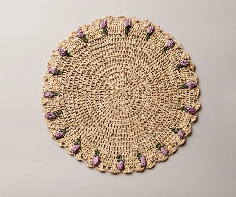Tulip Floral Placemat – Hand-Crocheted Raffia – Spring Table Decor – Easter Table Setting – Handmade by Artisans in Madagascar - The Mayfair Hall