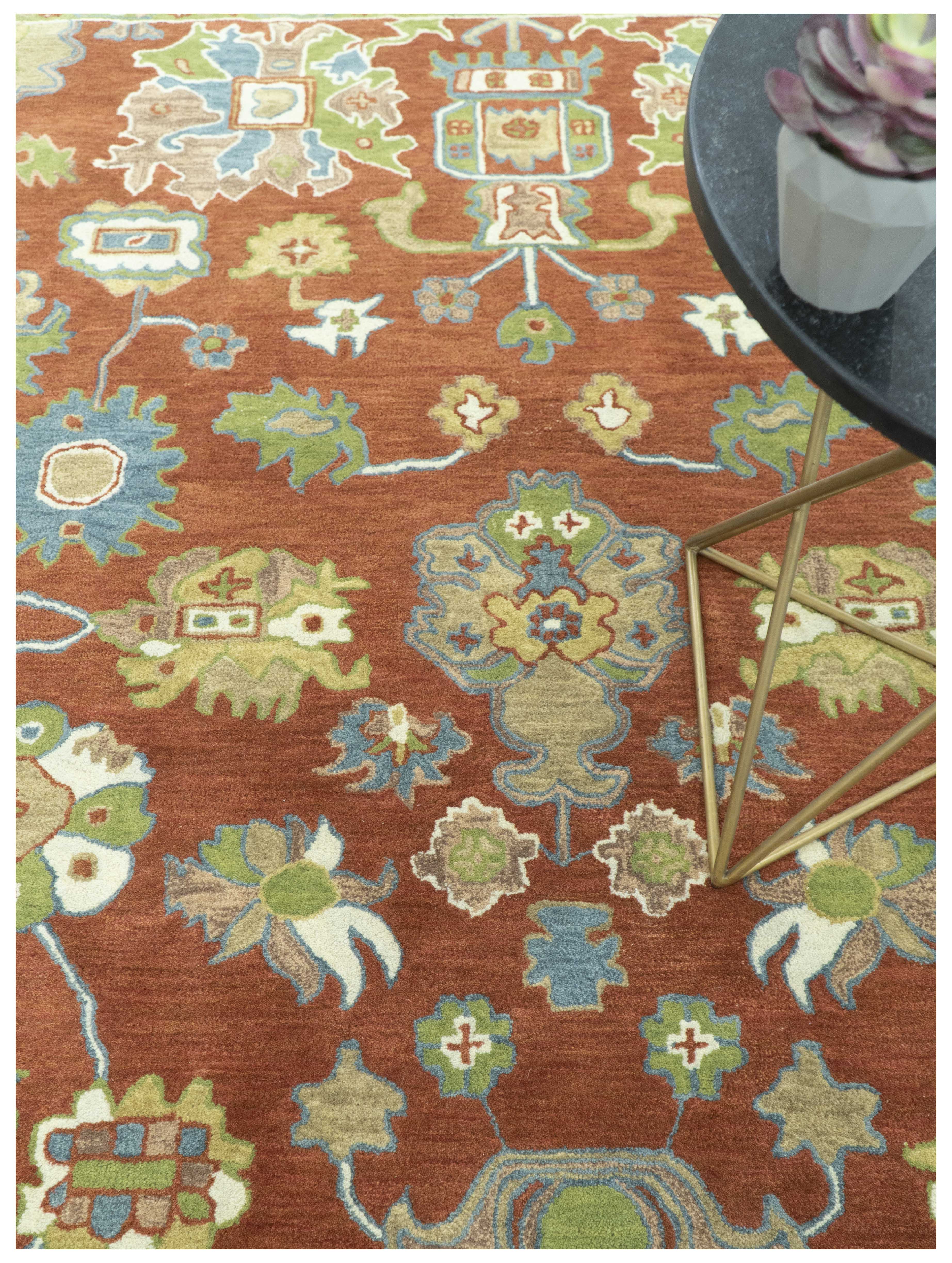 Hand Tufted Wool Area Rug in Rust And Beige with Traditional Oushak Design (8 x 10)