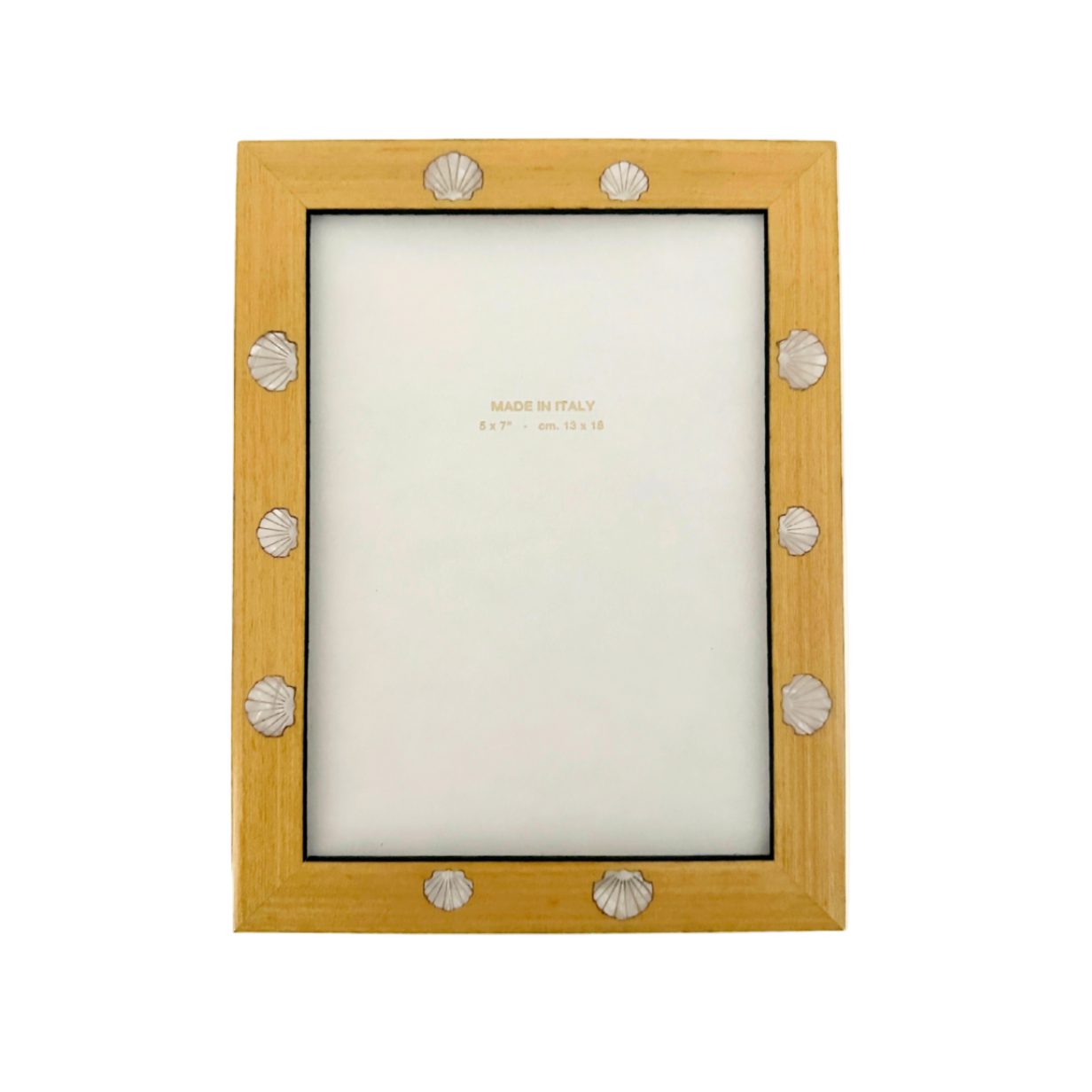 Wooden picture frame with decorative studs on a white background