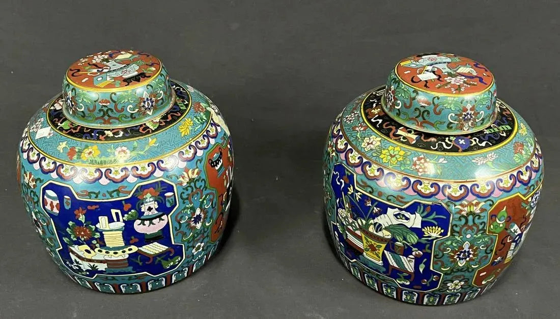 Pair of Antique Chinese Cloisonne Lidded Jars - The Mayfair Hall