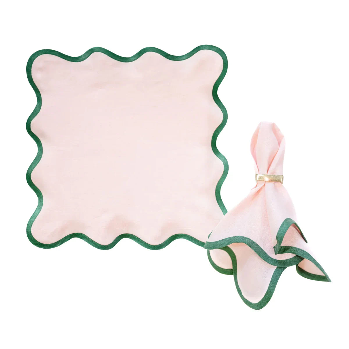 Linen Scalloped Square | Peony Pink with Pine Green