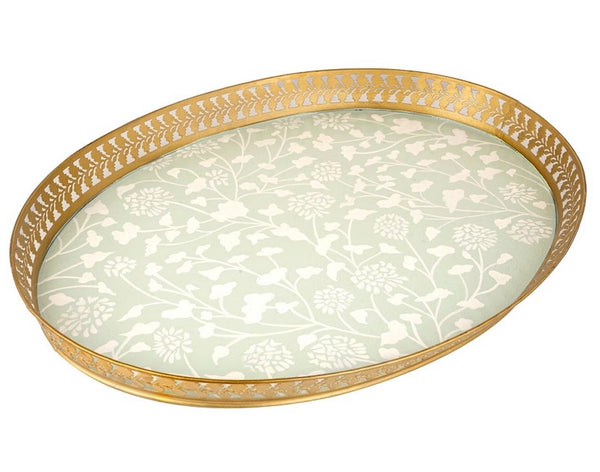 Stunning New Large Pierced Handpainted Tole Tray Pale Green - The Mayfair Hall