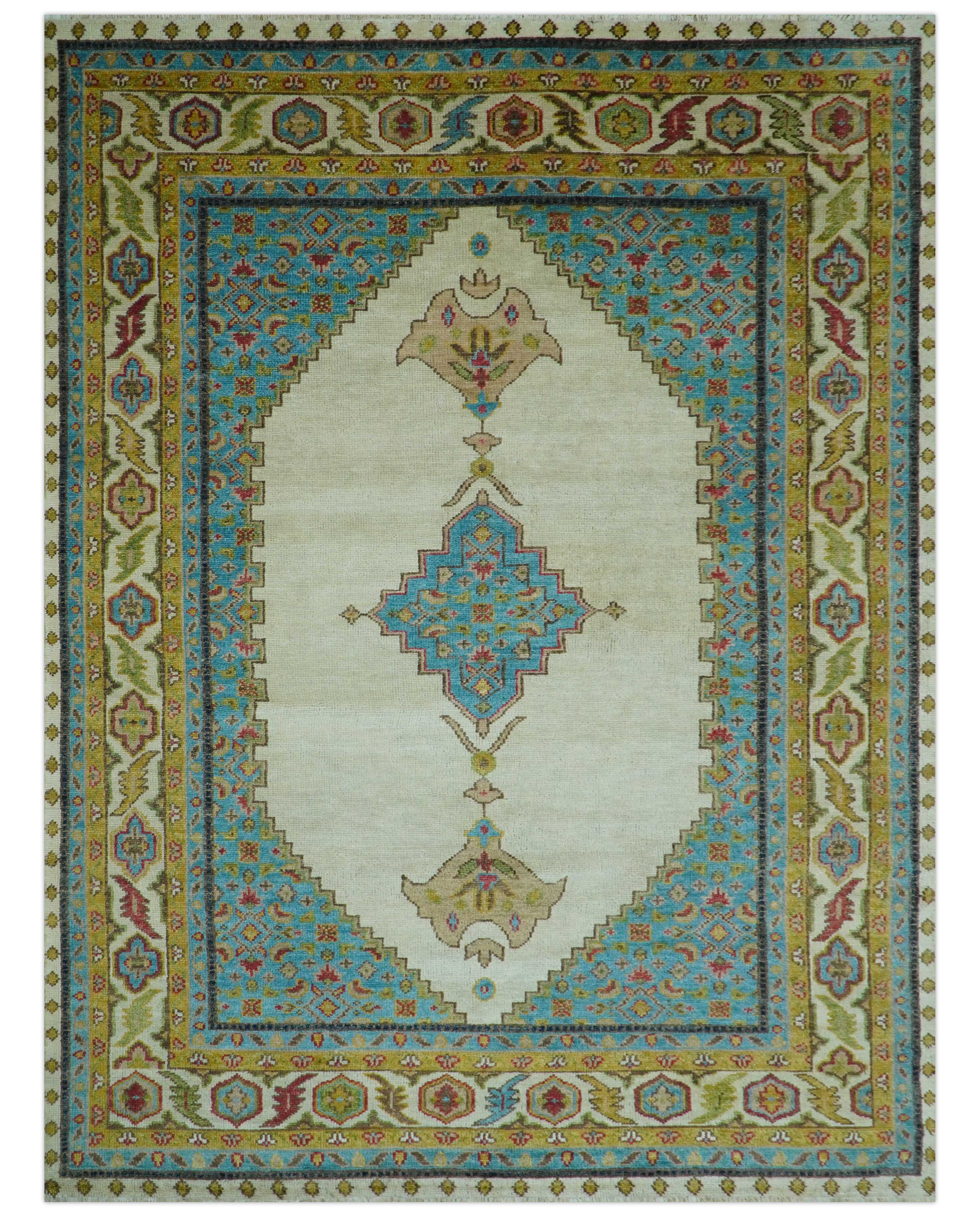 Custom Made Traditional Serapi Design Ivory And Blue Hand Knotted Wool Rug