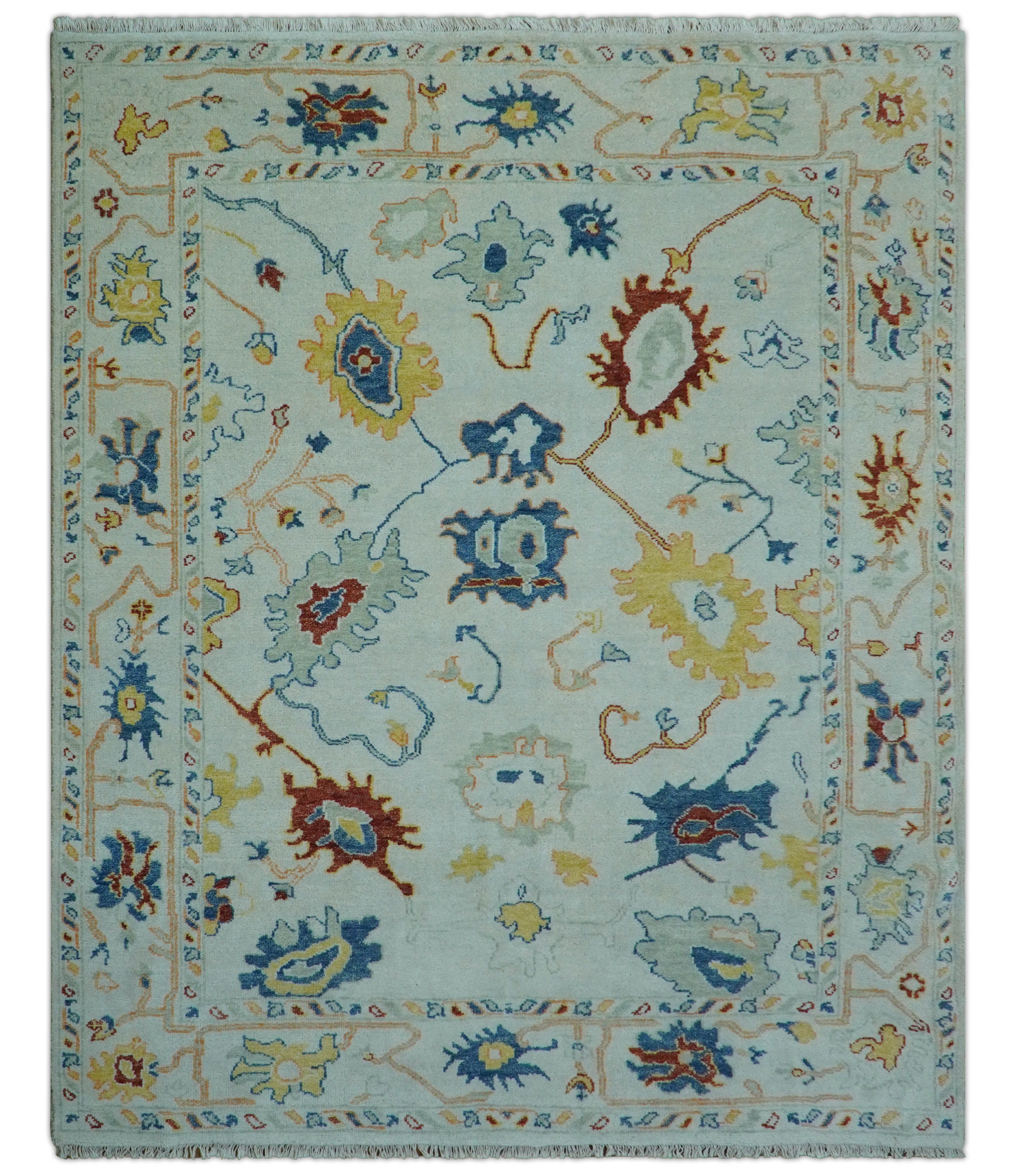 Modern Oushak Ivory And Blue Hand Knotted Wool Rug