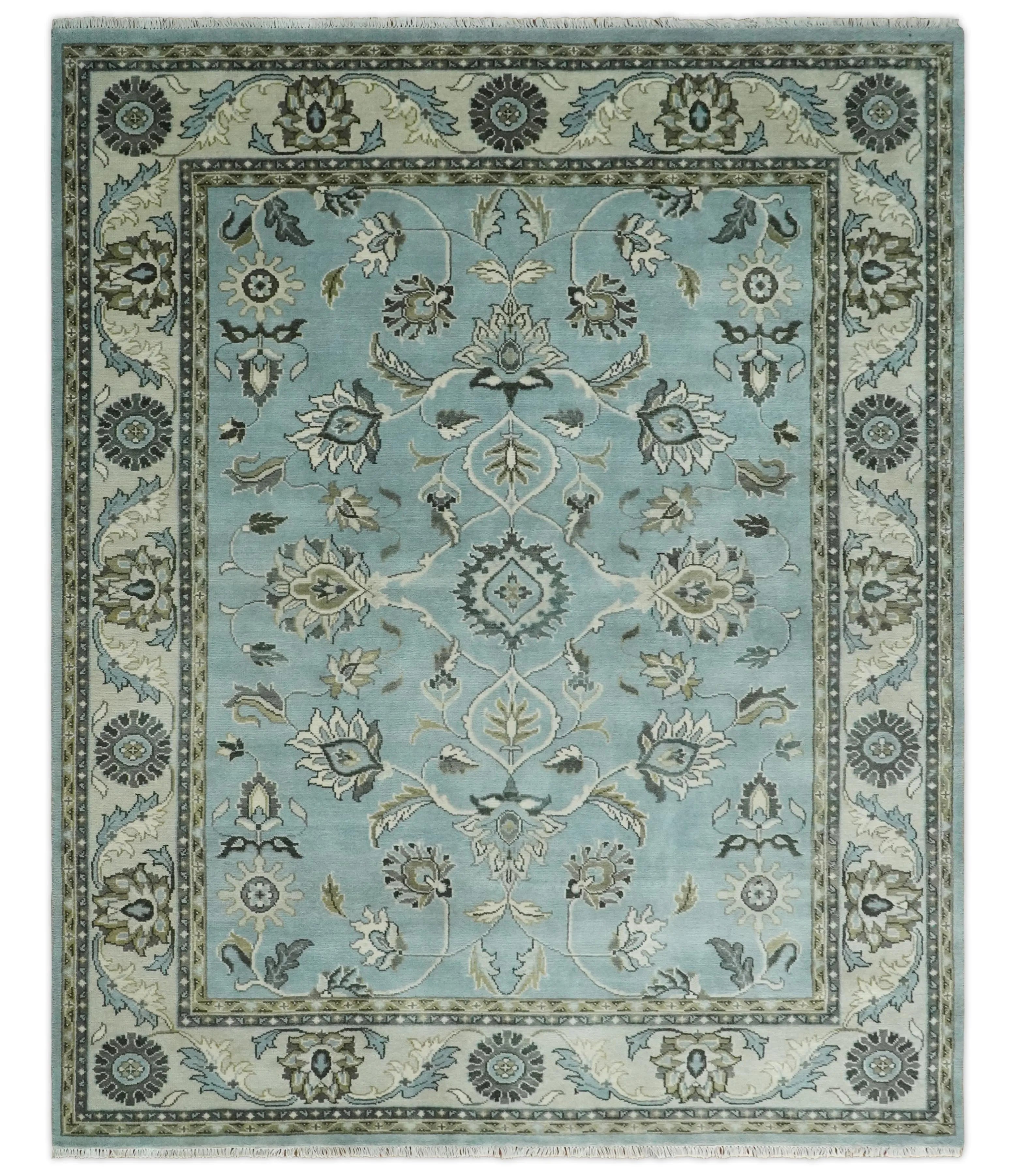 8x10 and 9x12 Antique Hand Knotted Blue and Ivory Traditional Vintage Persian Oushak Wool Rug | TRDCP998912
