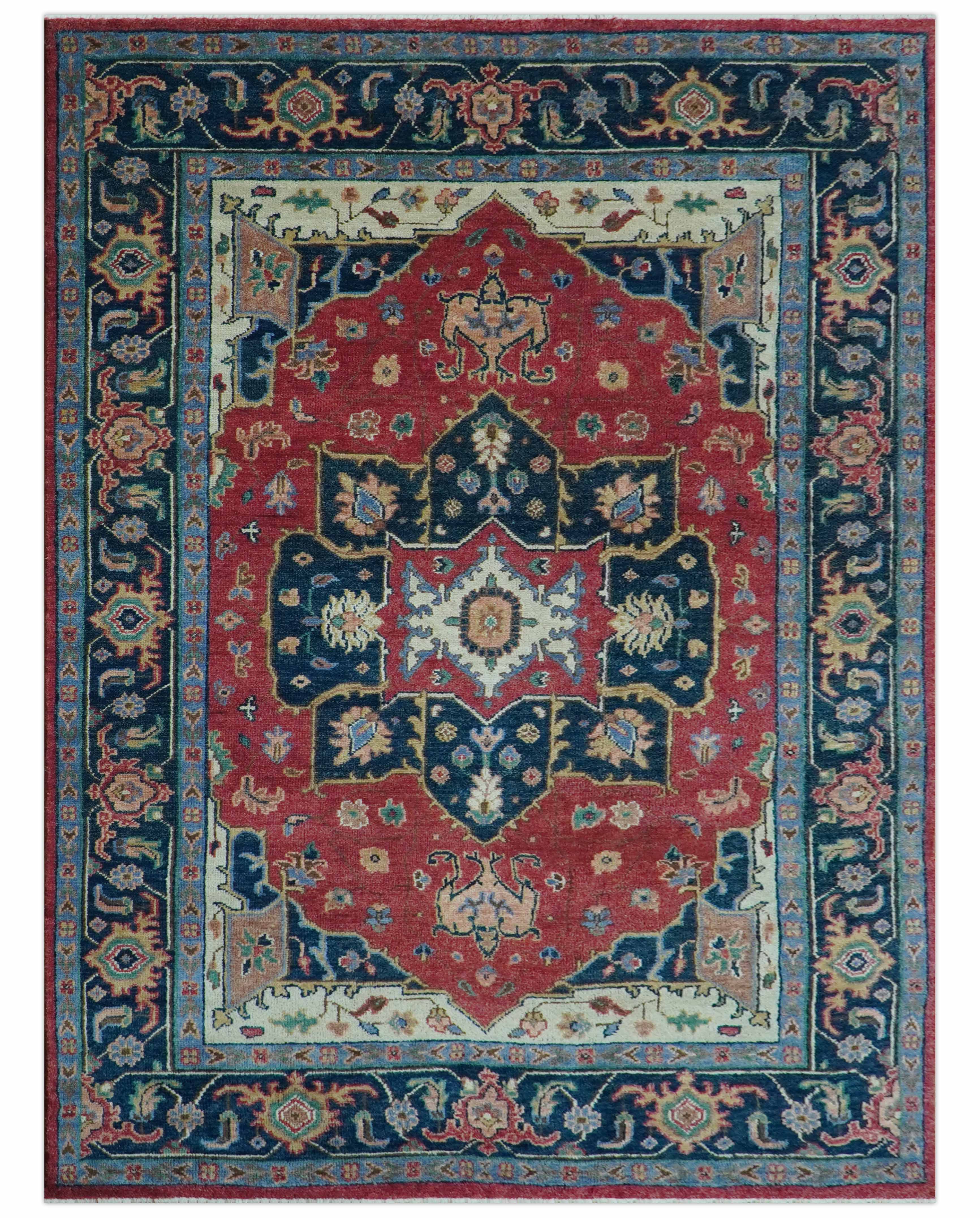 Custom Made Traditional Heriz Red And Blue Hand Knotted Wool Rug