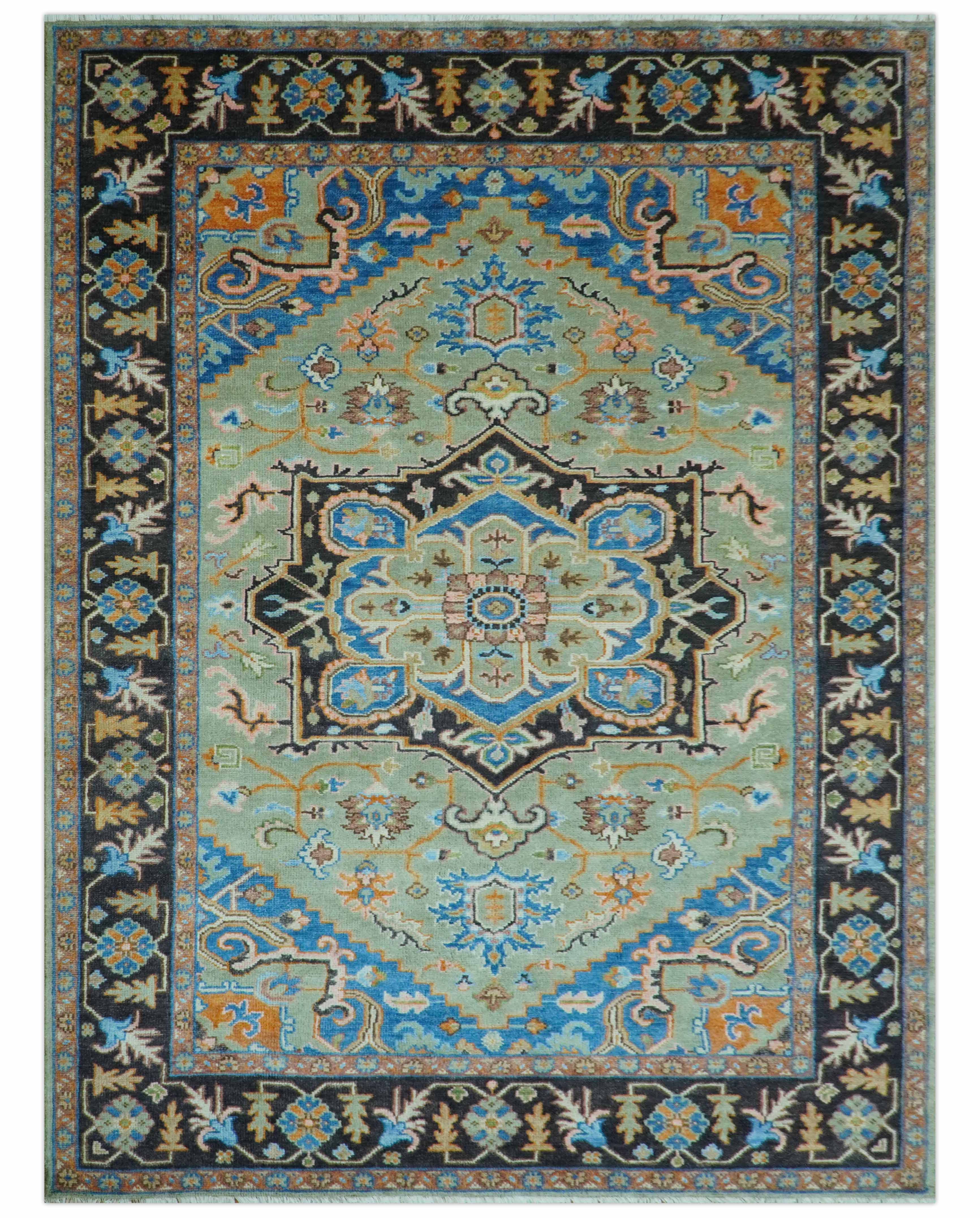 Custom Made Green And Blue Traditional Heriz Hand Knotted Wool Rug