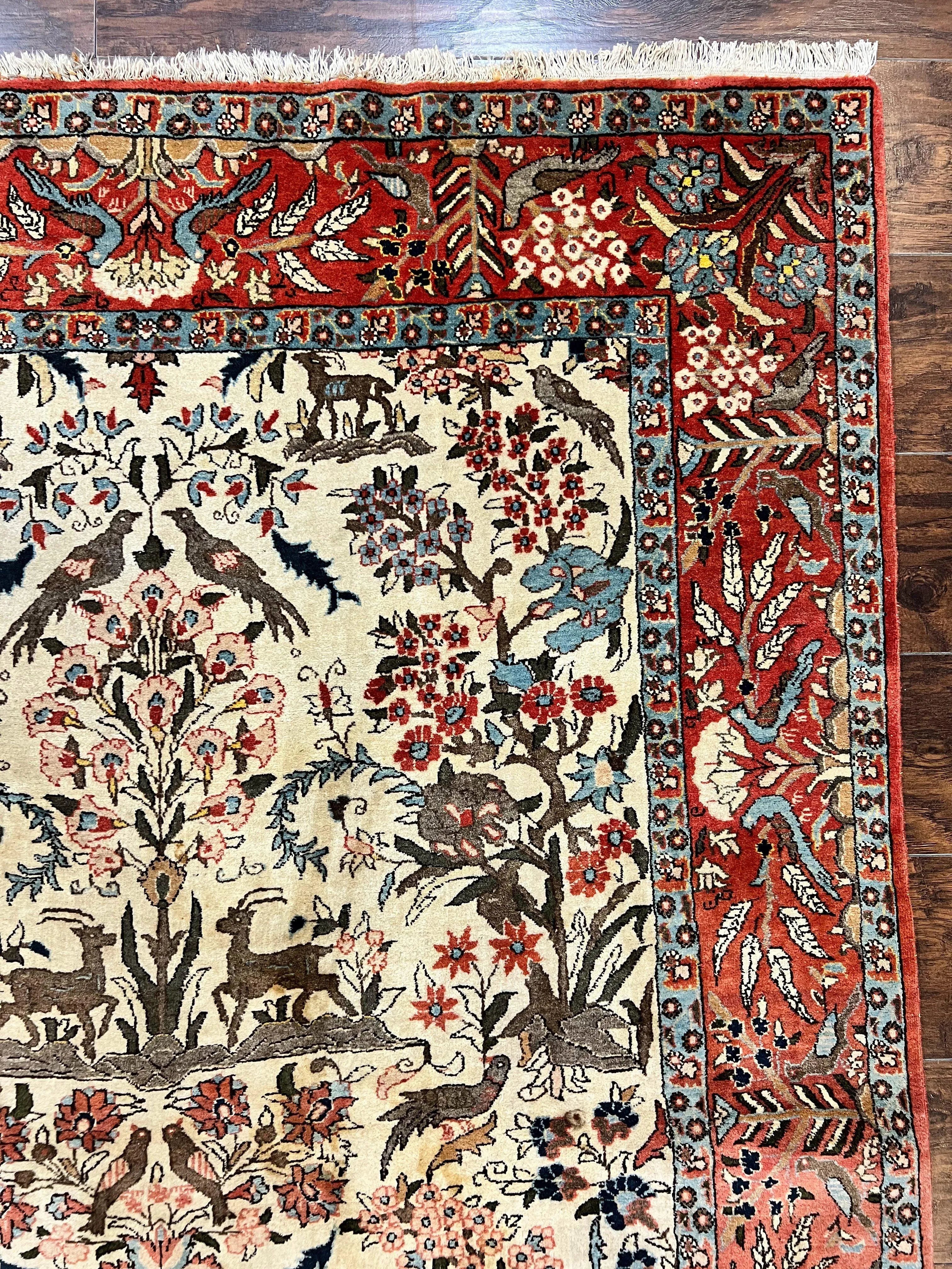 Persian Tree of Life 5x7, Qum Rug, Animal Motifs, Deer Birds, Fine 225 KPSI, Semi Antique Wool Rug, Cream Red