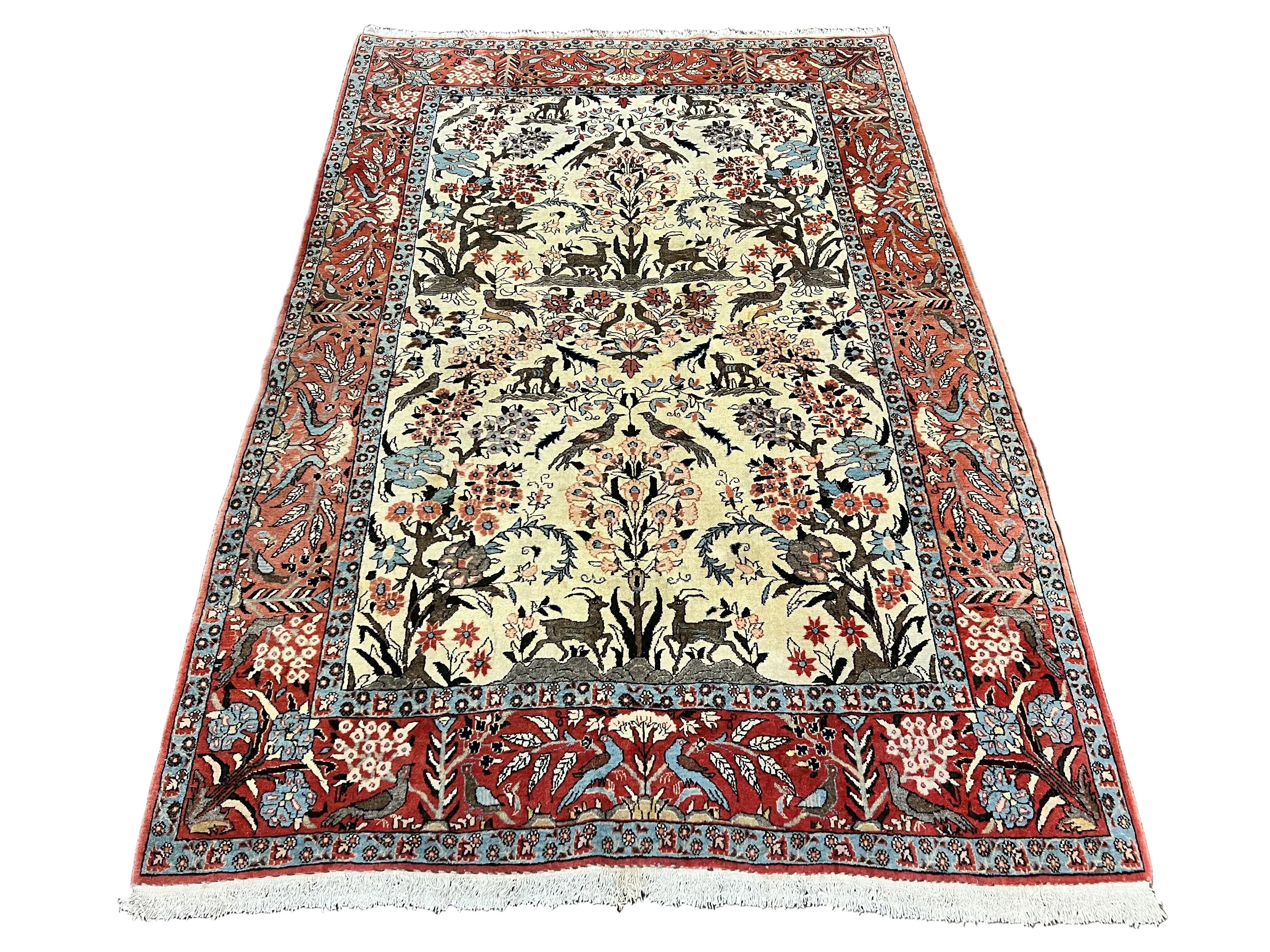 Persian Tree of Life 5x7, Qum Rug, Animal Motifs, Deer Birds, Fine 225 KPSI, Semi Antique Wool Rug, Cream Red