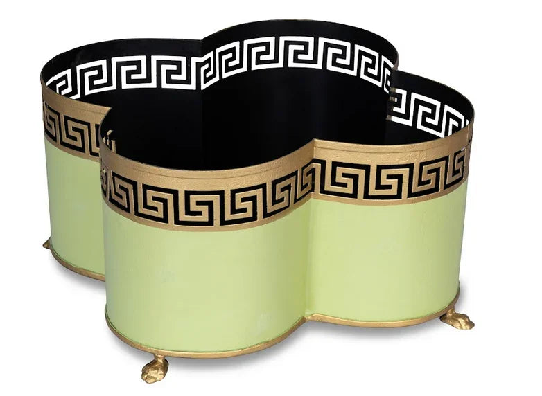 Grass Green & Gold Greek Key Boarder Quatrefoil Planter - The Mayfair Hall