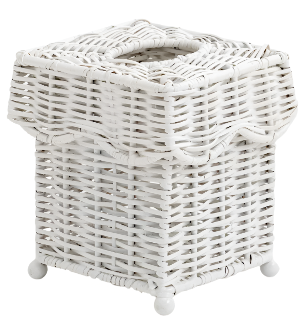 White SCALLOPED WICKER WASTEPAPER BASKET & TISSUE HOLDER - The Mayfair Hall