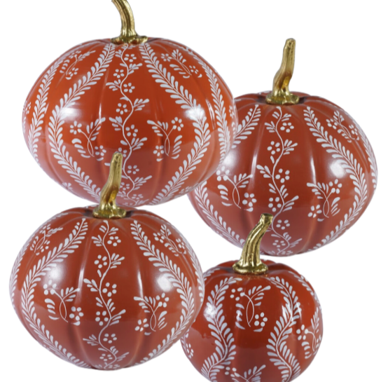 Metal Pumpkin in Rusty Red with White Floral and Vine