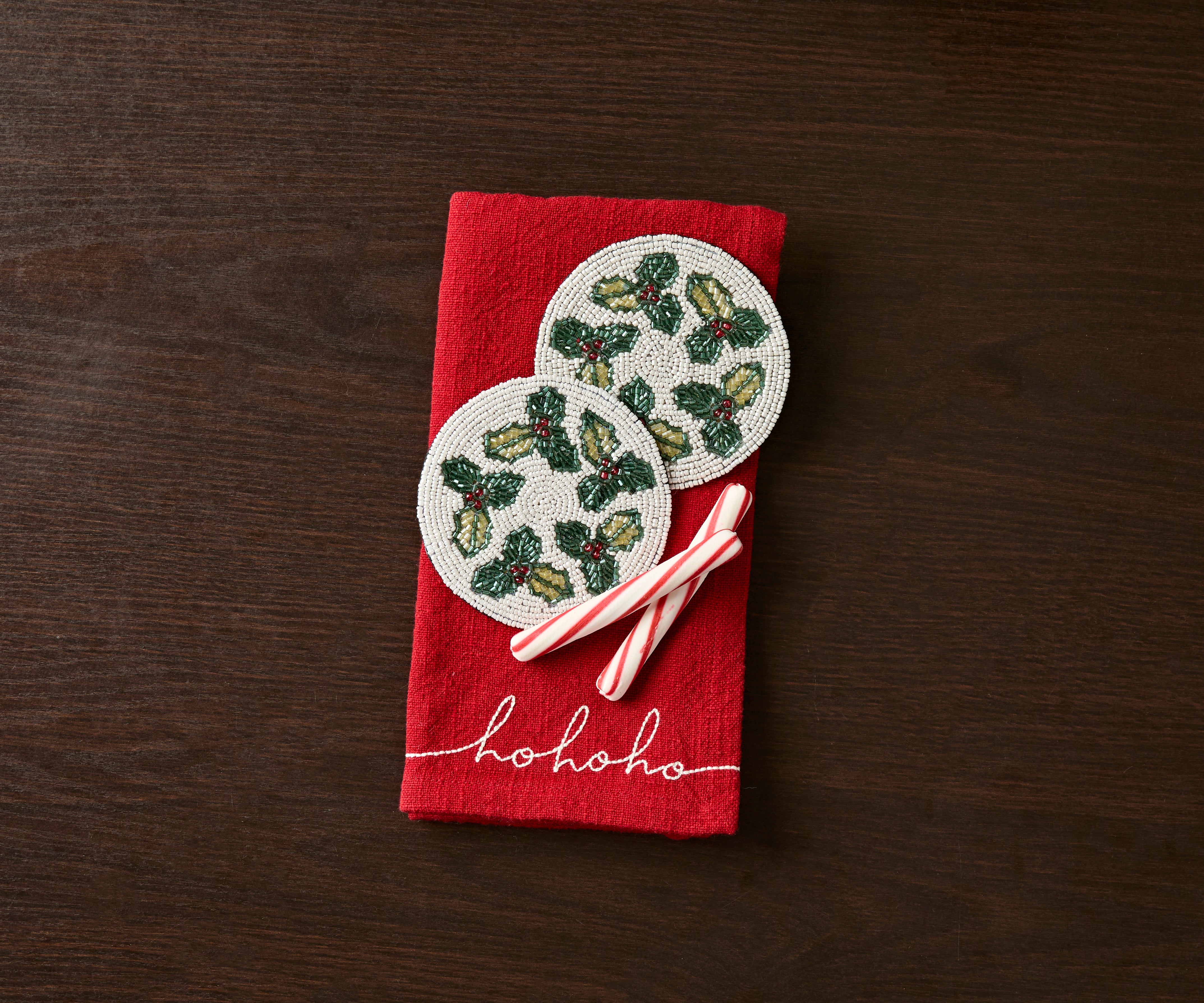 Hand-sewn Embroidery Seed Beaded Coasters | Red Berry Foliage Christmas Design | Payton James Holiday Table Decor