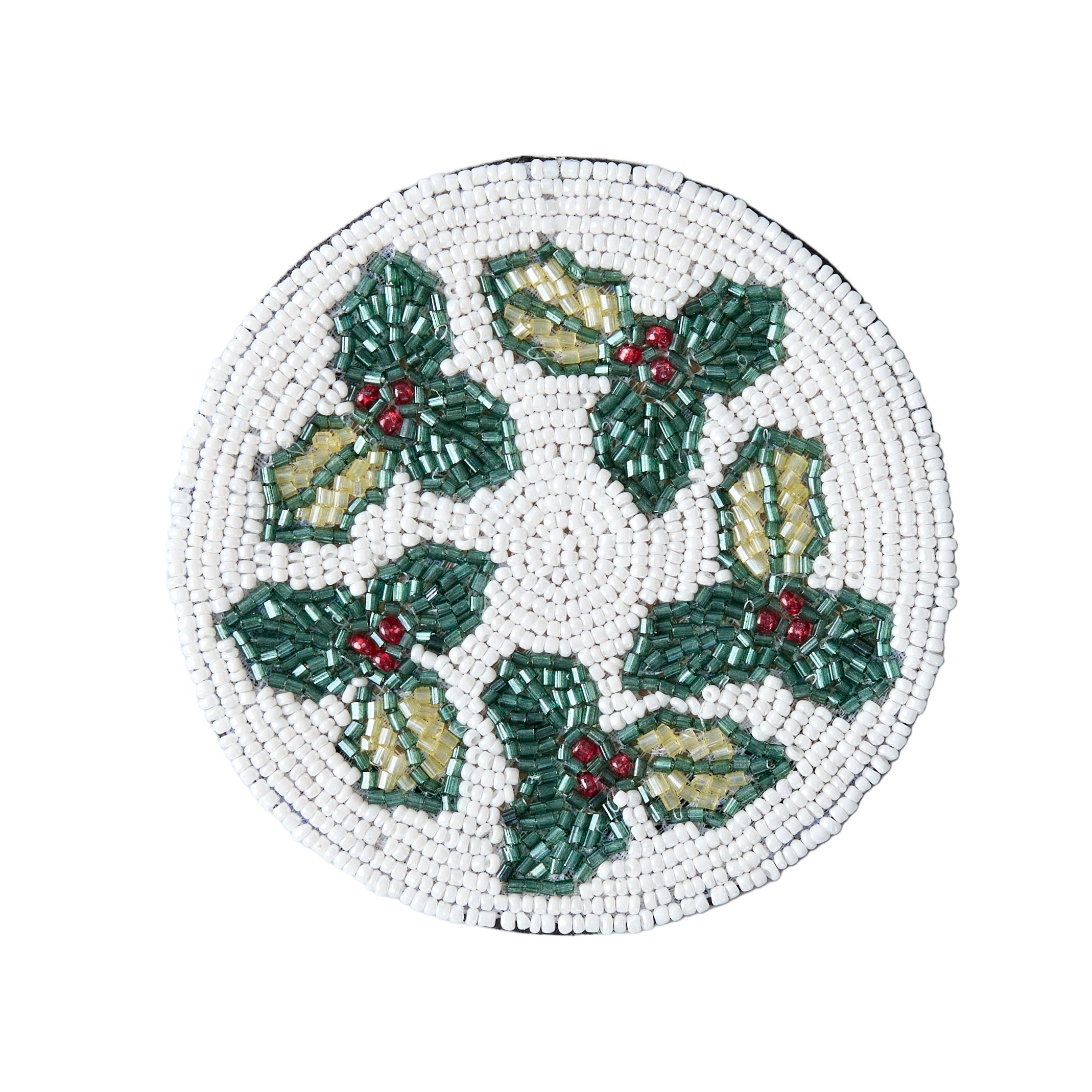 Round beaded coaster with holly design on a light gray background