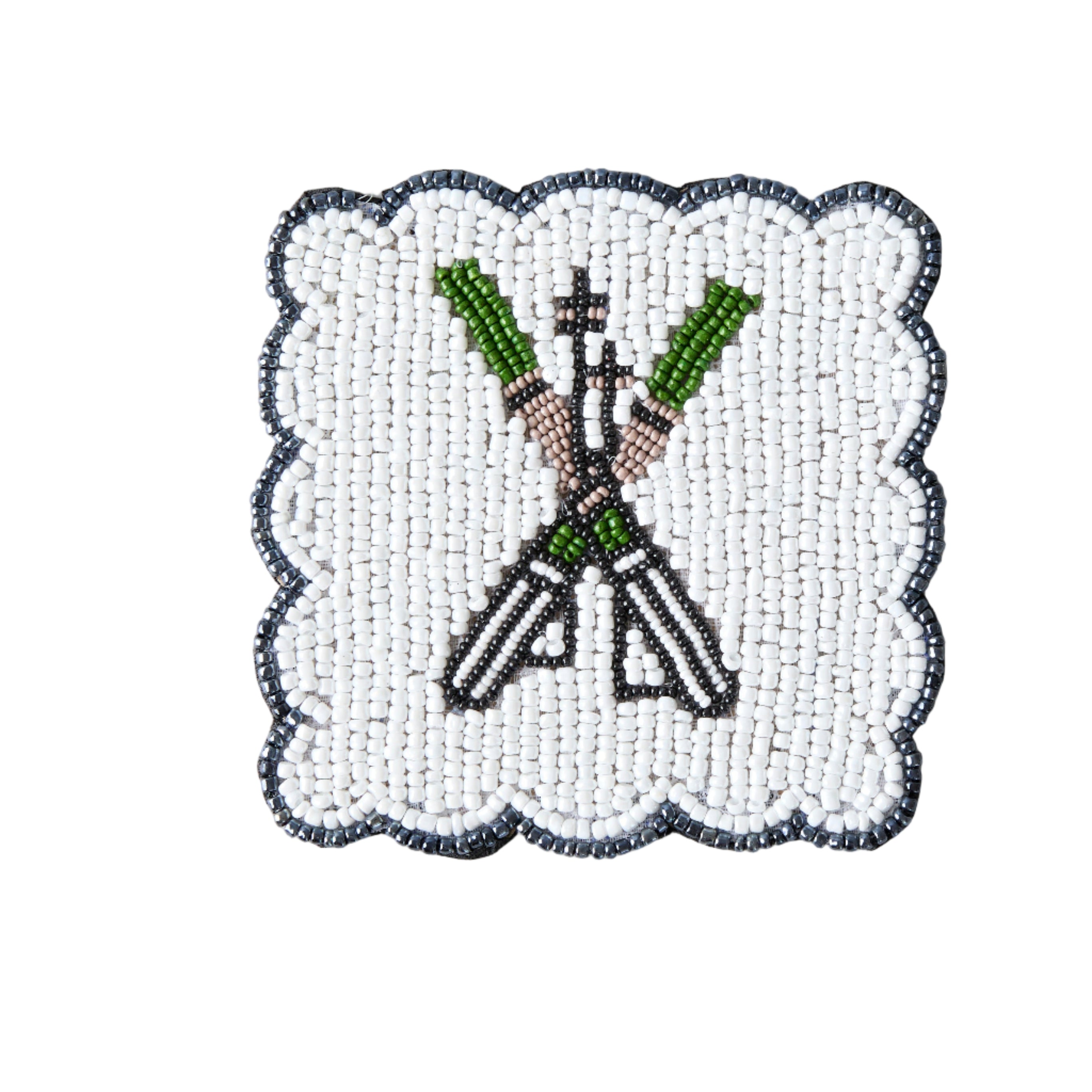 Handmade Beaded Ski Coaster with Pearls – Elegant Black, White, and Green Coaster for Tableware & Home Decor