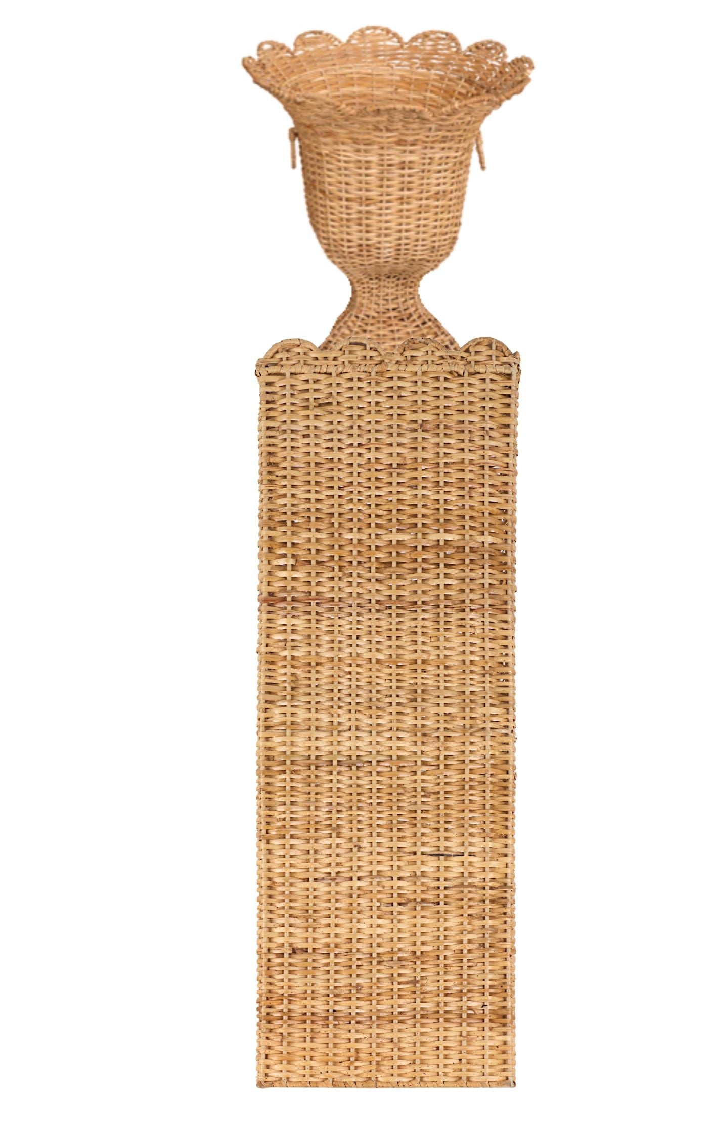 Square Scalloped Trim Wicker Urn and Pedestal
