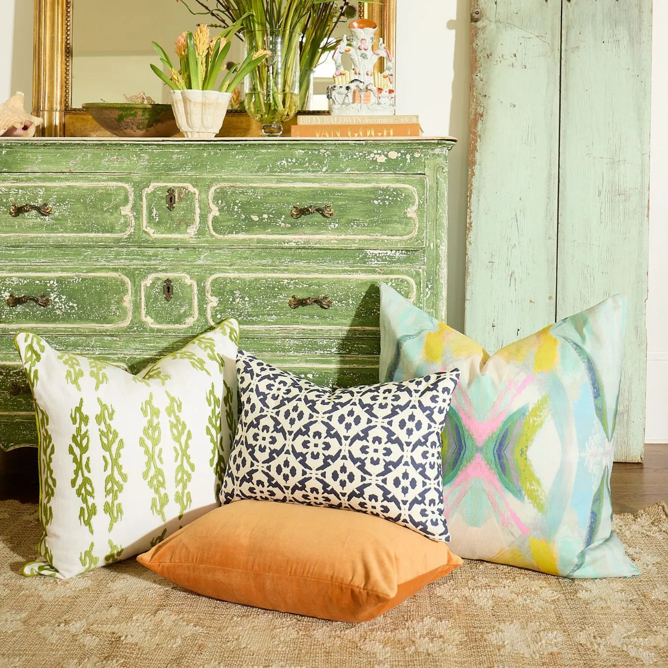 Coral Gardens Embroidered 22x22 Pillow, Green