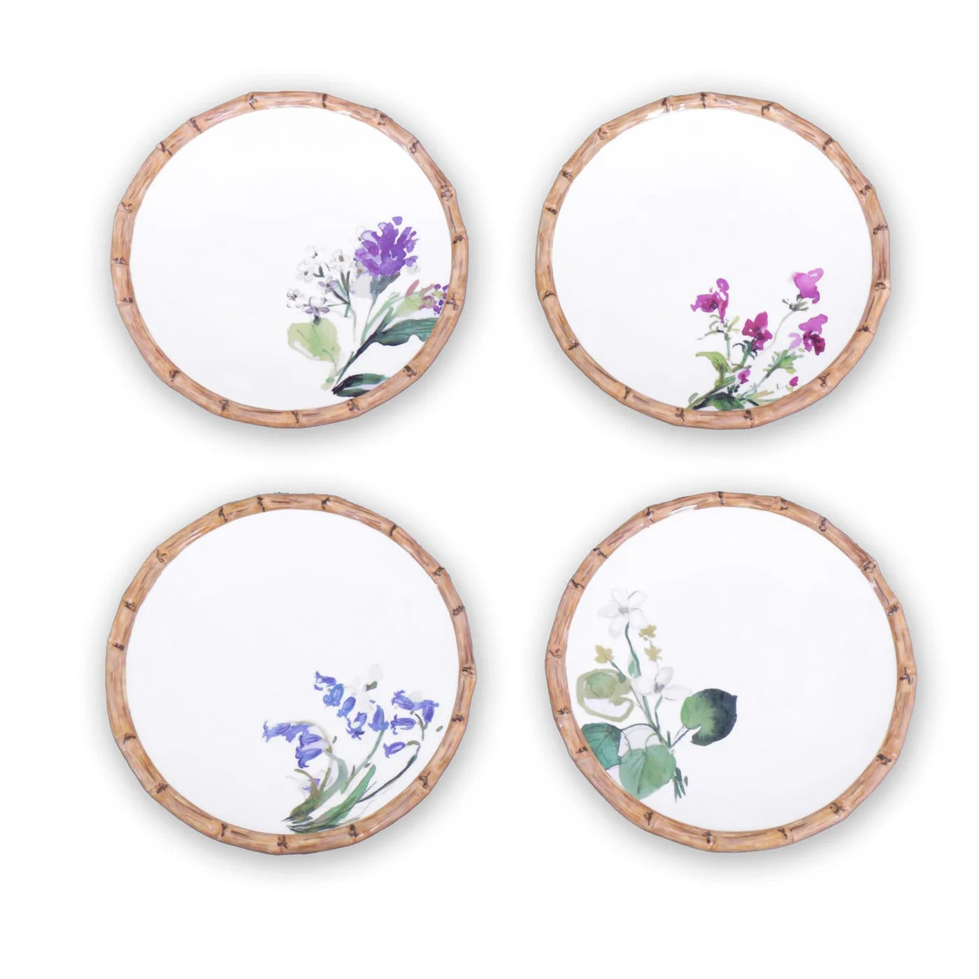 VIDA Bamboo Floral Salad Plates Set of 4 (White and Multi)