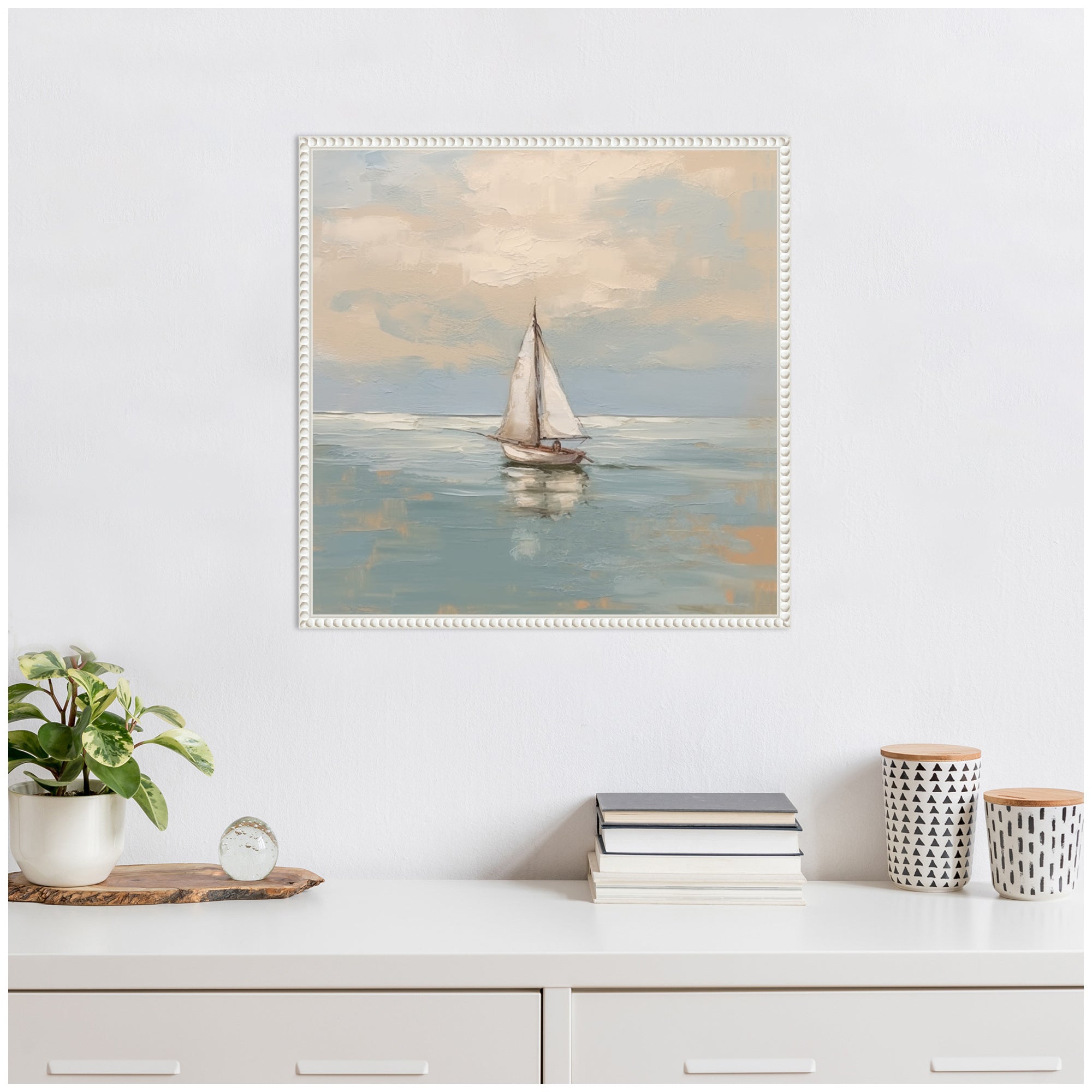 Sylvie Calm Pastel Sailboat Landscape Framed Canvas by The Creative Bunch Studio