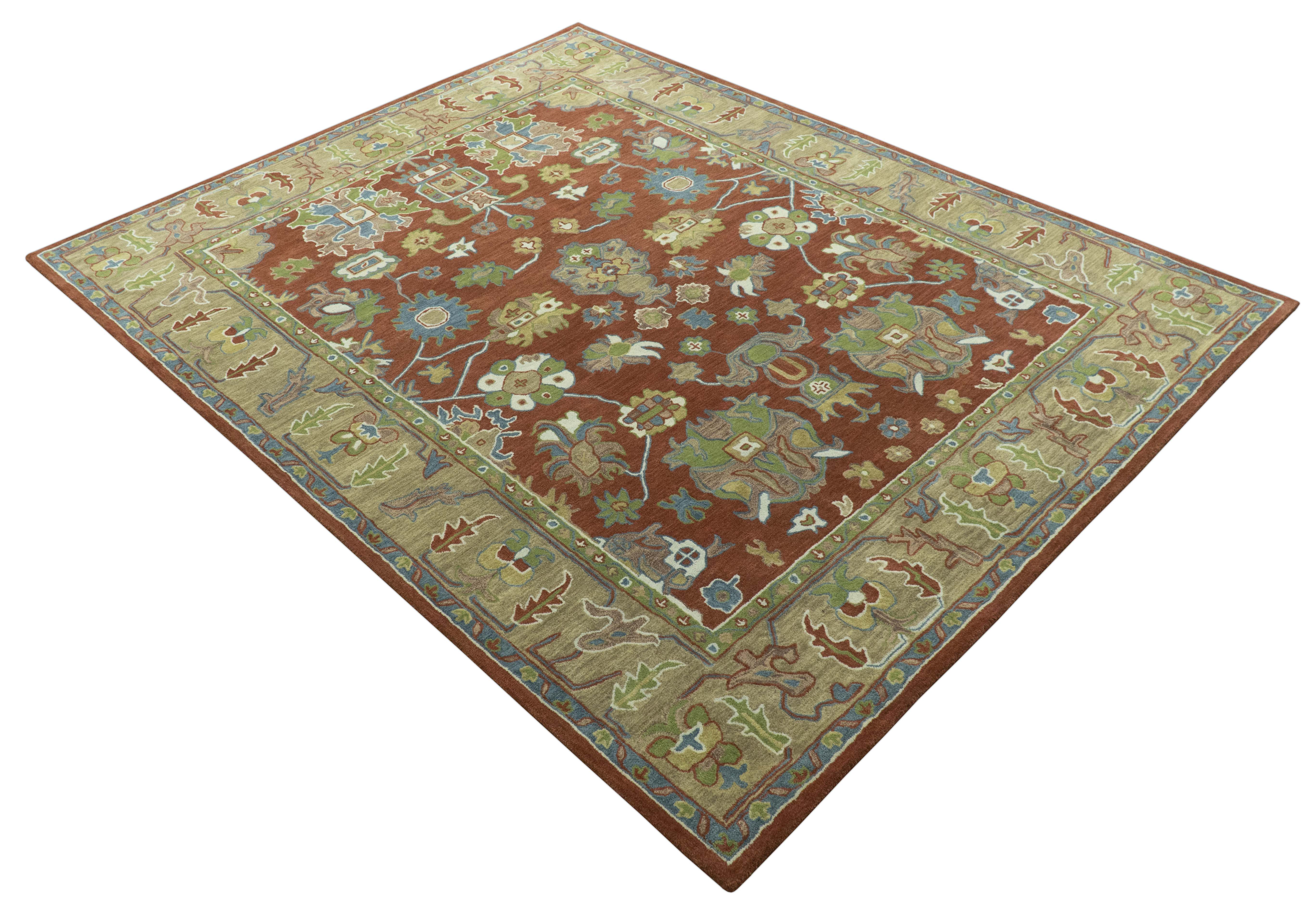 Hand Tufted Wool Area Rug in Rust And Beige with Traditional Oushak Design (8 x 10)