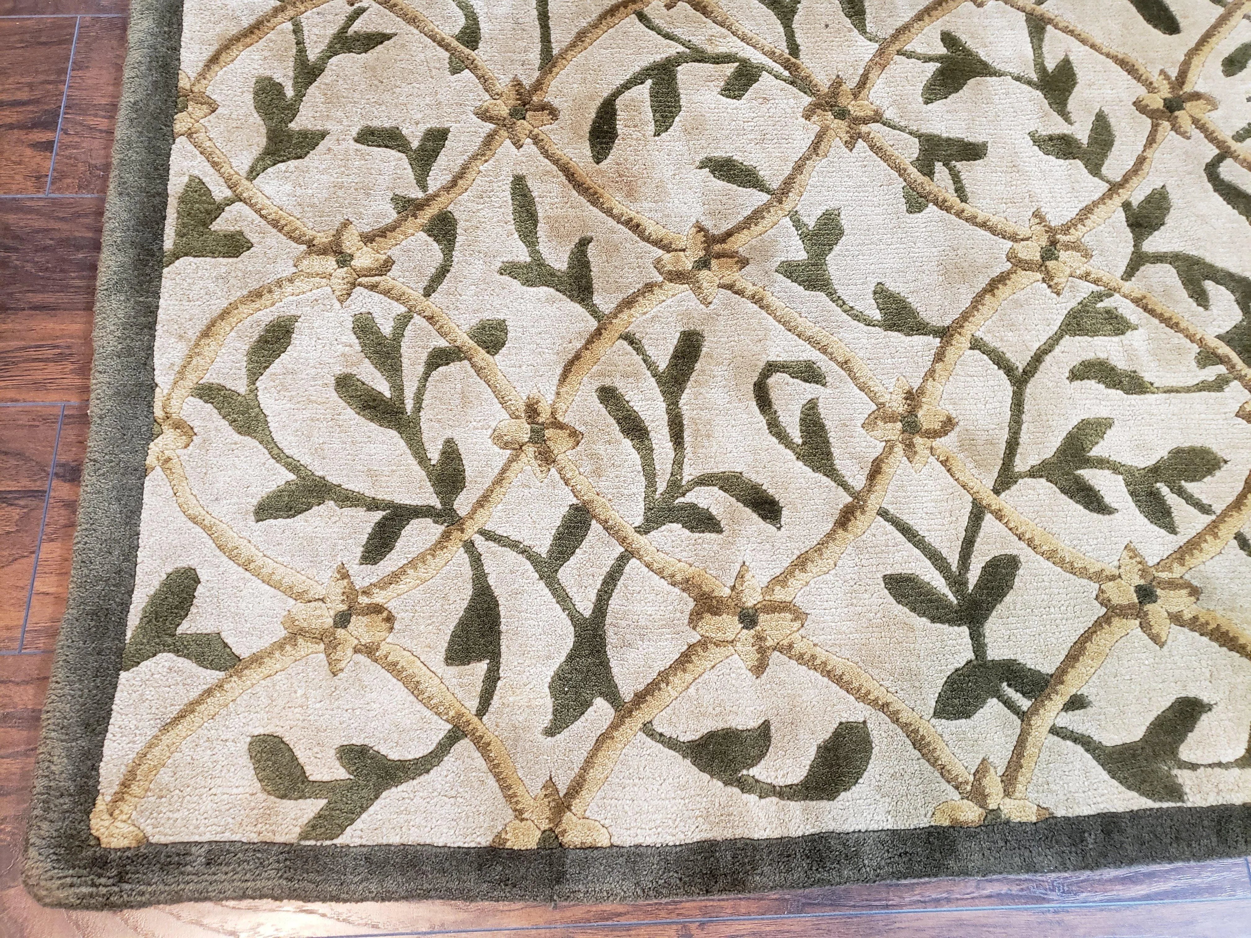 Vintage Tibetan Nepalese Area Rug 9x12, Wool Hand-Knotted, Beige Nepali Soft Pile Carpet, 9 x 12 Living Room Modern Dining Room Rug