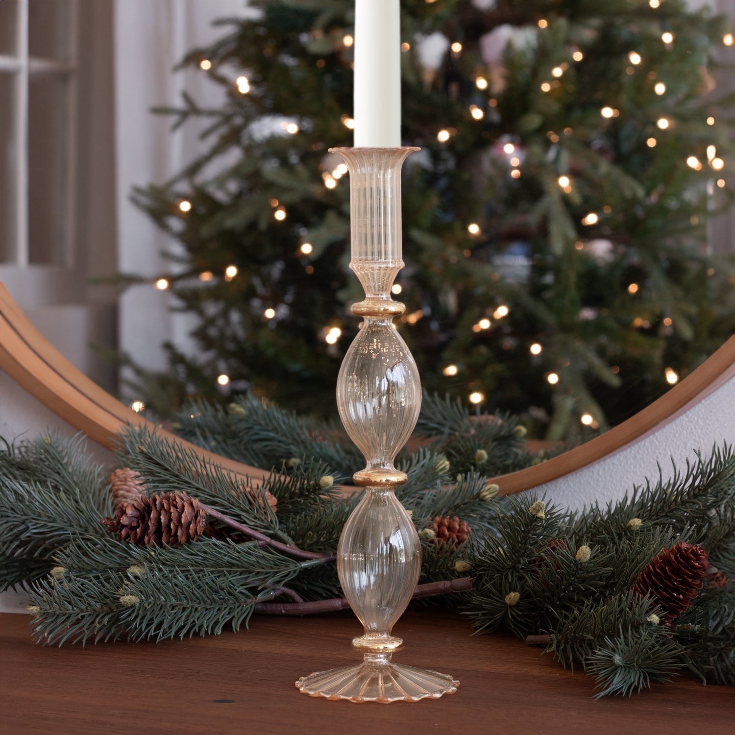 GLASS Cambridge Beryl 10" Candlestick Holder Set of 2 (Champagne and Gold)