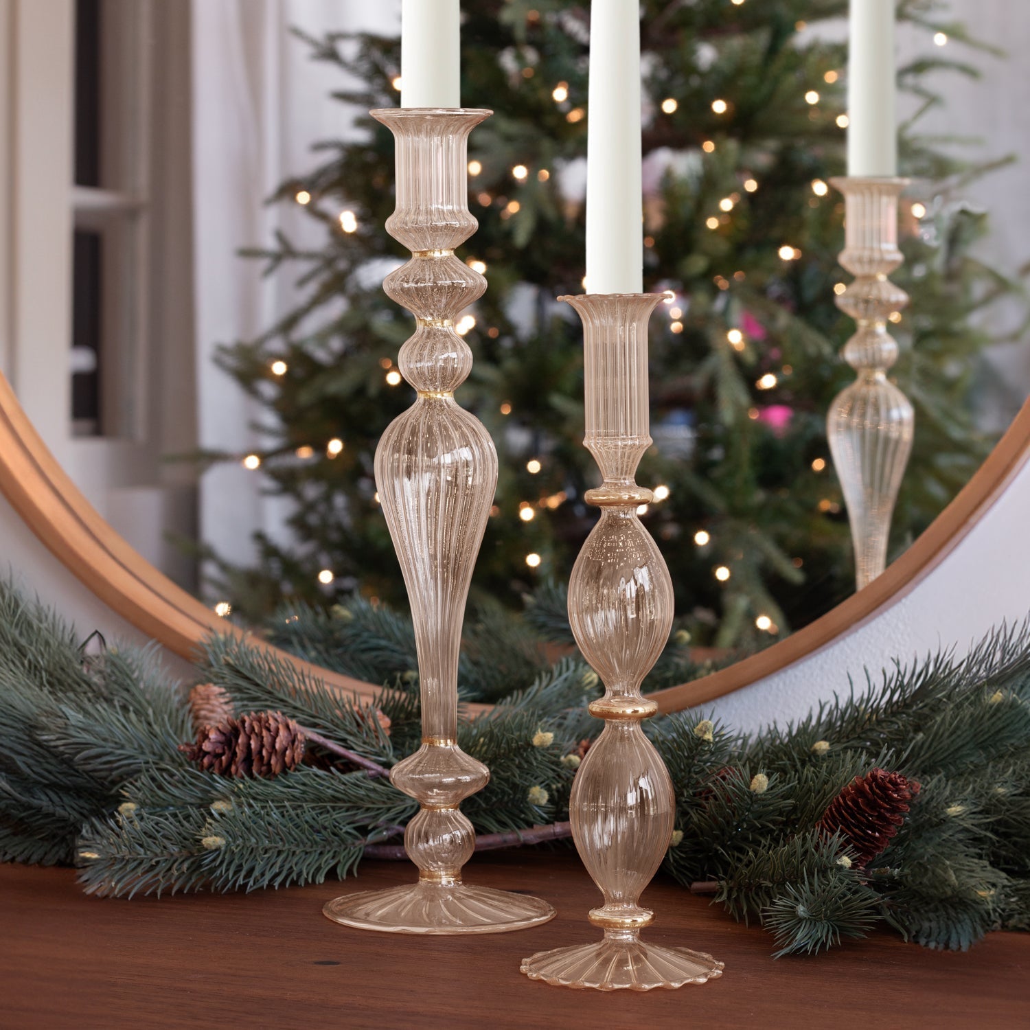 GLASS Cambridge Beryl 10" Candlestick Holder Set of 2 (Champagne and Gold)