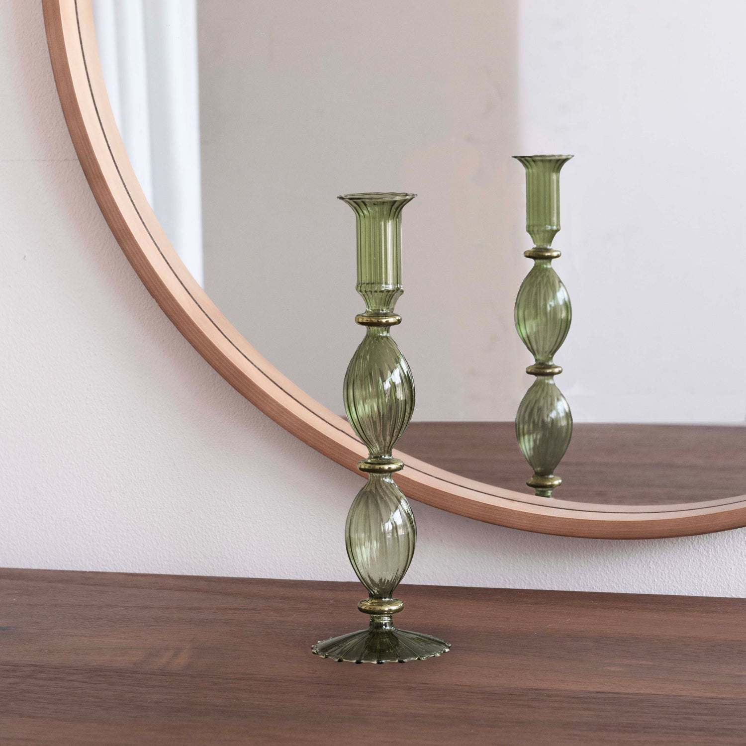 GLASS Cambridge Beryl 10" Candlestick Holder Set of 2 (Green and Gold)