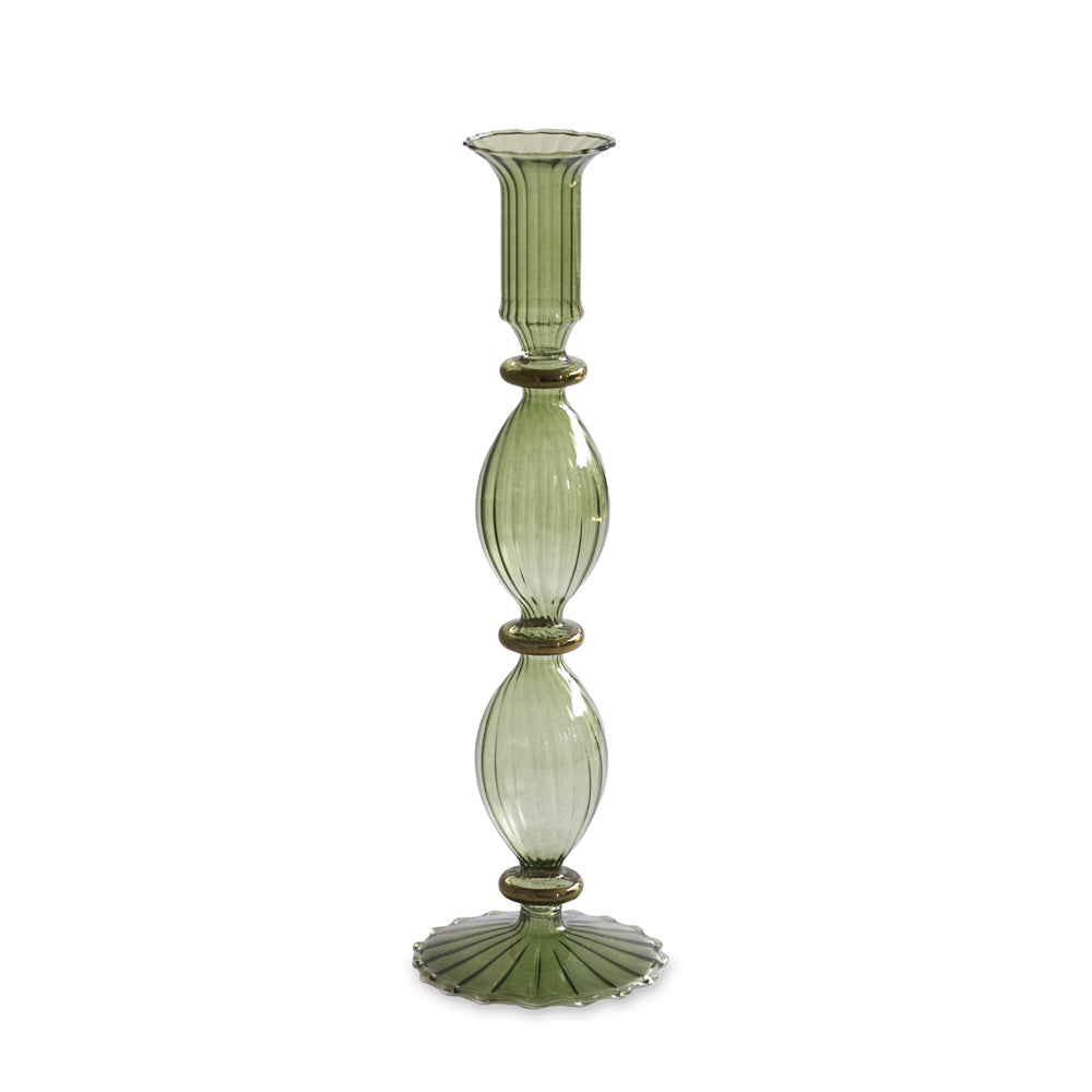 GLASS Cambridge Beryl 10" Candlestick Holder Set of 2 (Green and Gold)