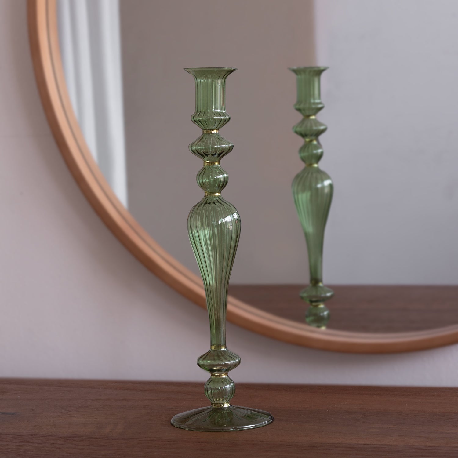 GLASS Cambridge Josephine 13.5" Candleholder set of 2 (Green and Gold)