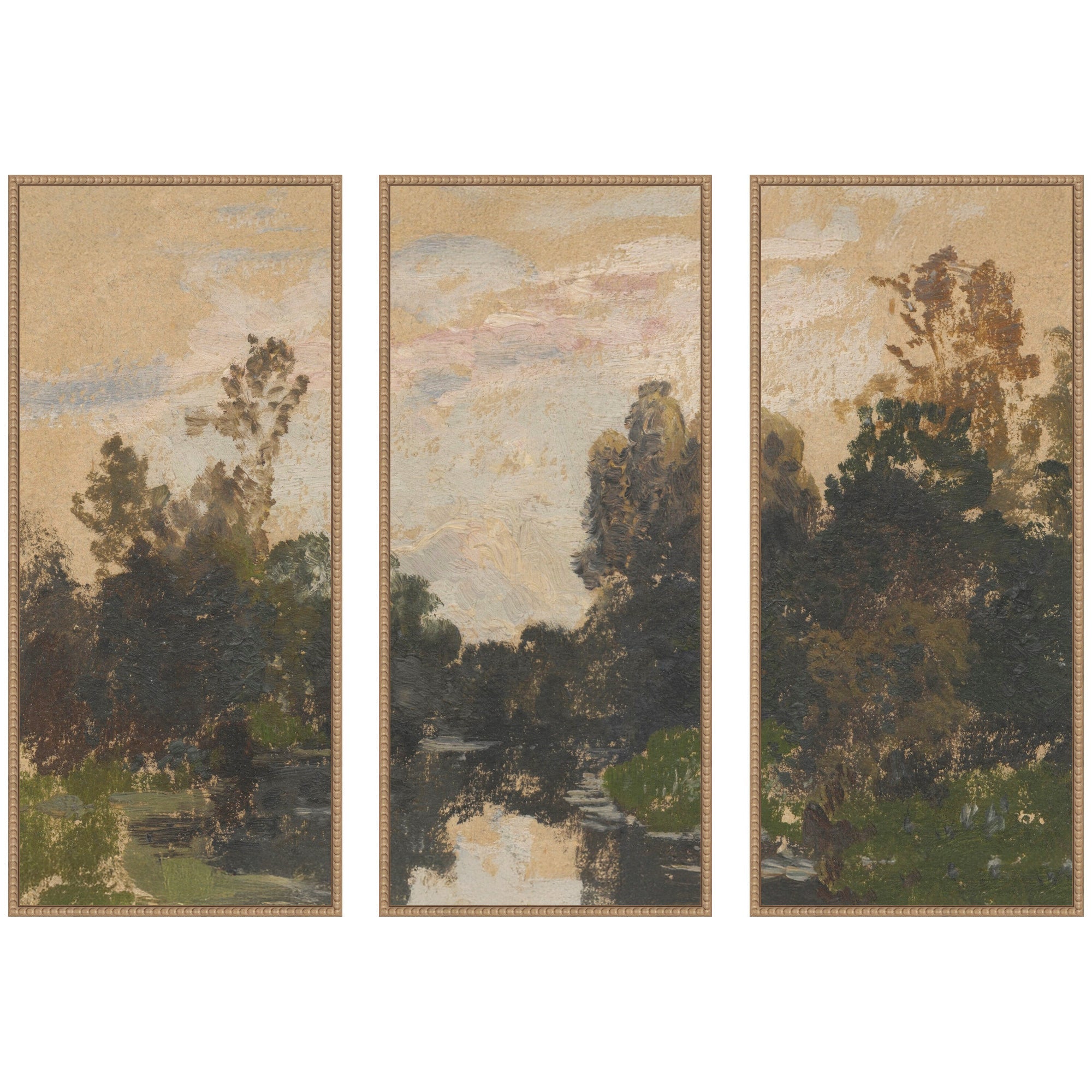 Landscape by the River Barycz Adolf Dressier 3 Piece Framed Canvas Wall Art Set by Nostalgia Prints