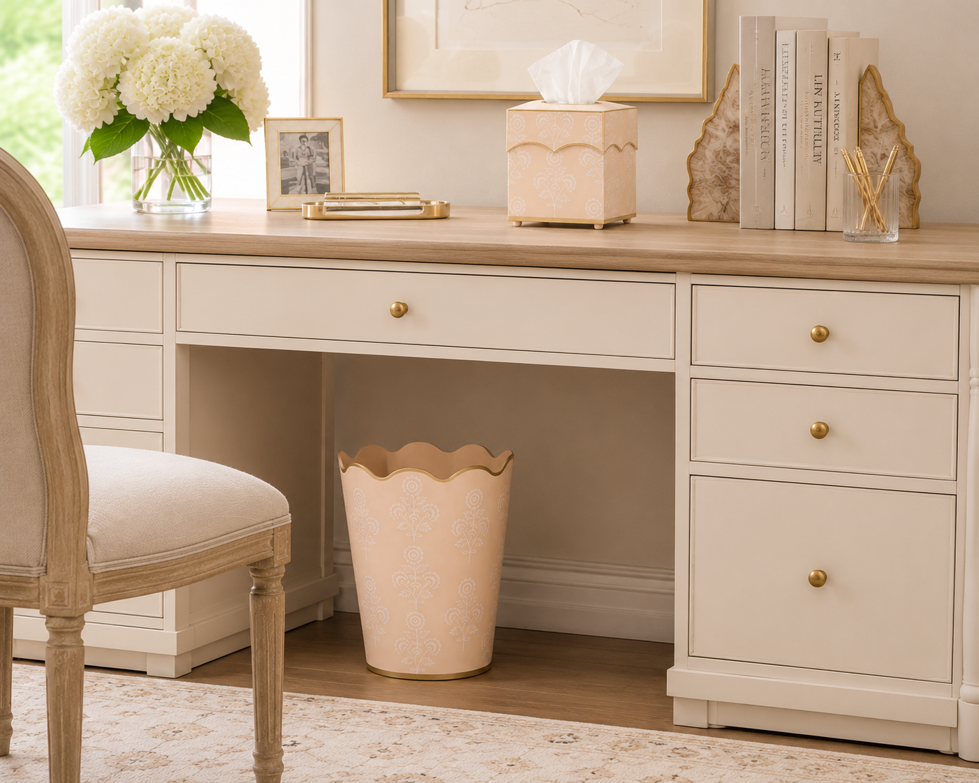 Pale Peach Floral Scalloped Wastepaper Basket & Tissue (2 Options)