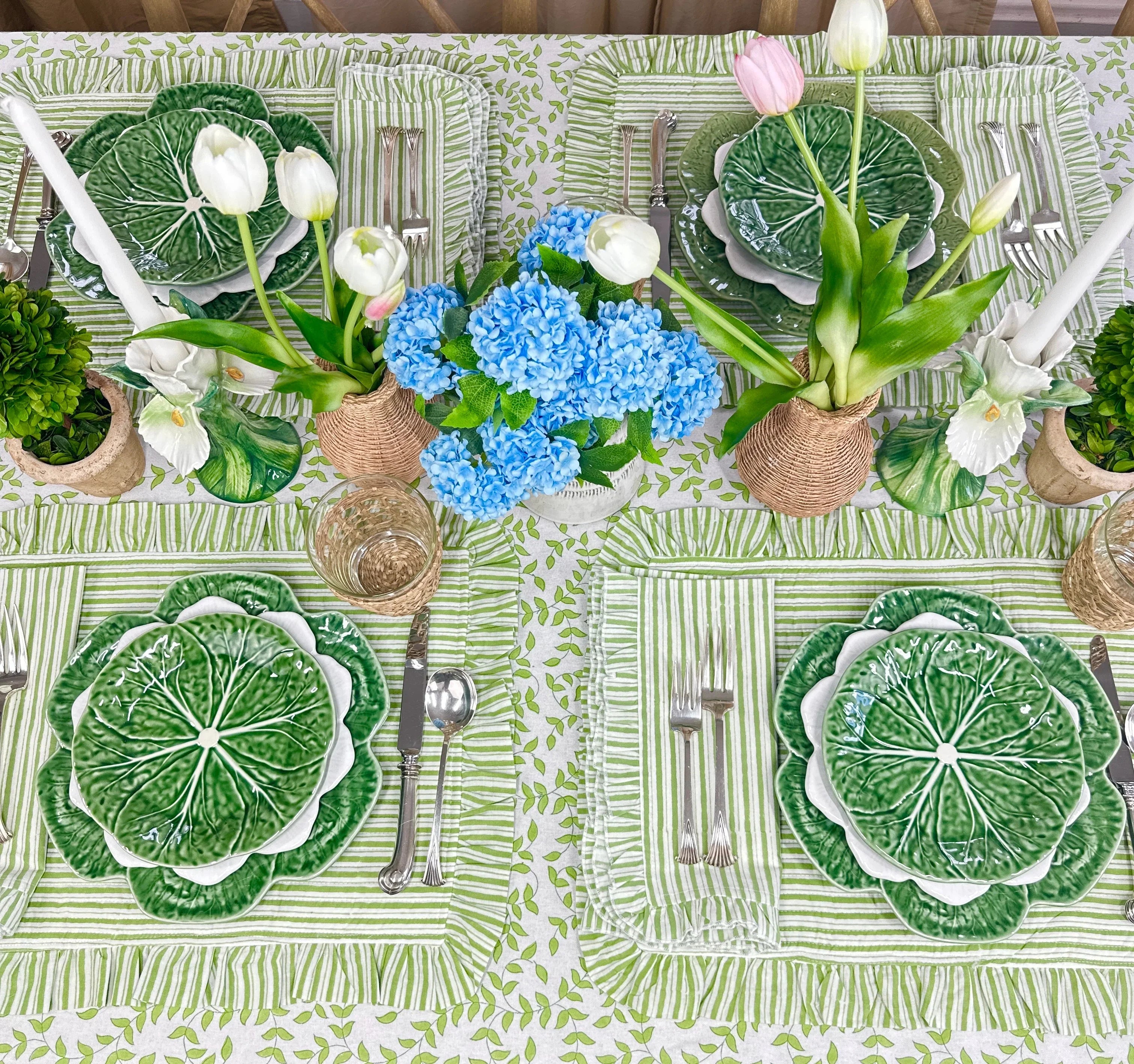 Green Stripes - Quilted Placemats with Ruffle - Set of 4 - The Mayfair Hall