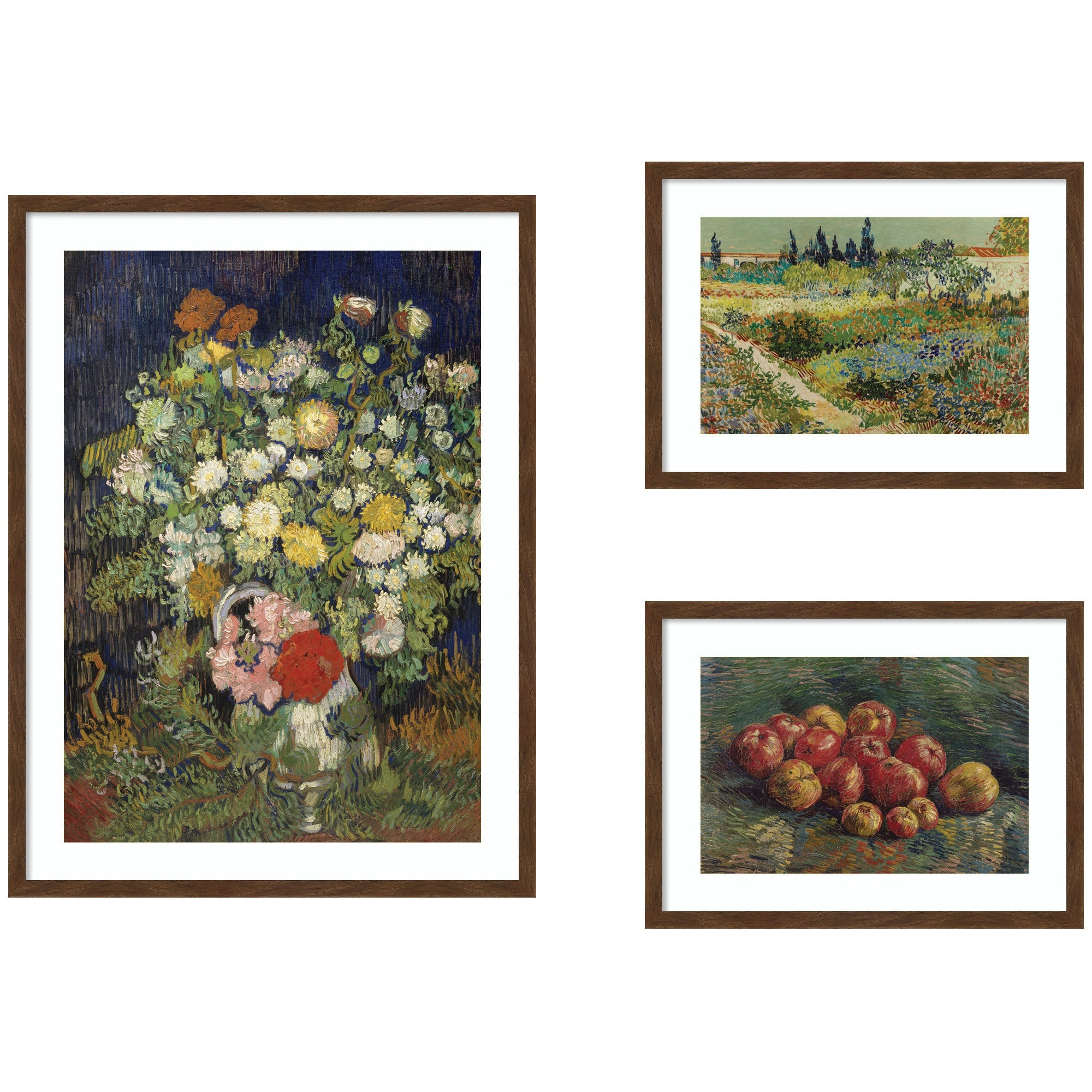 Apples 1887, Bouquet of Flowers in a Vase 1890, & Garden at Arles by Vincent Van Gogh 3 Piece Framed Wall Art Print Set by Nostalgia Prints