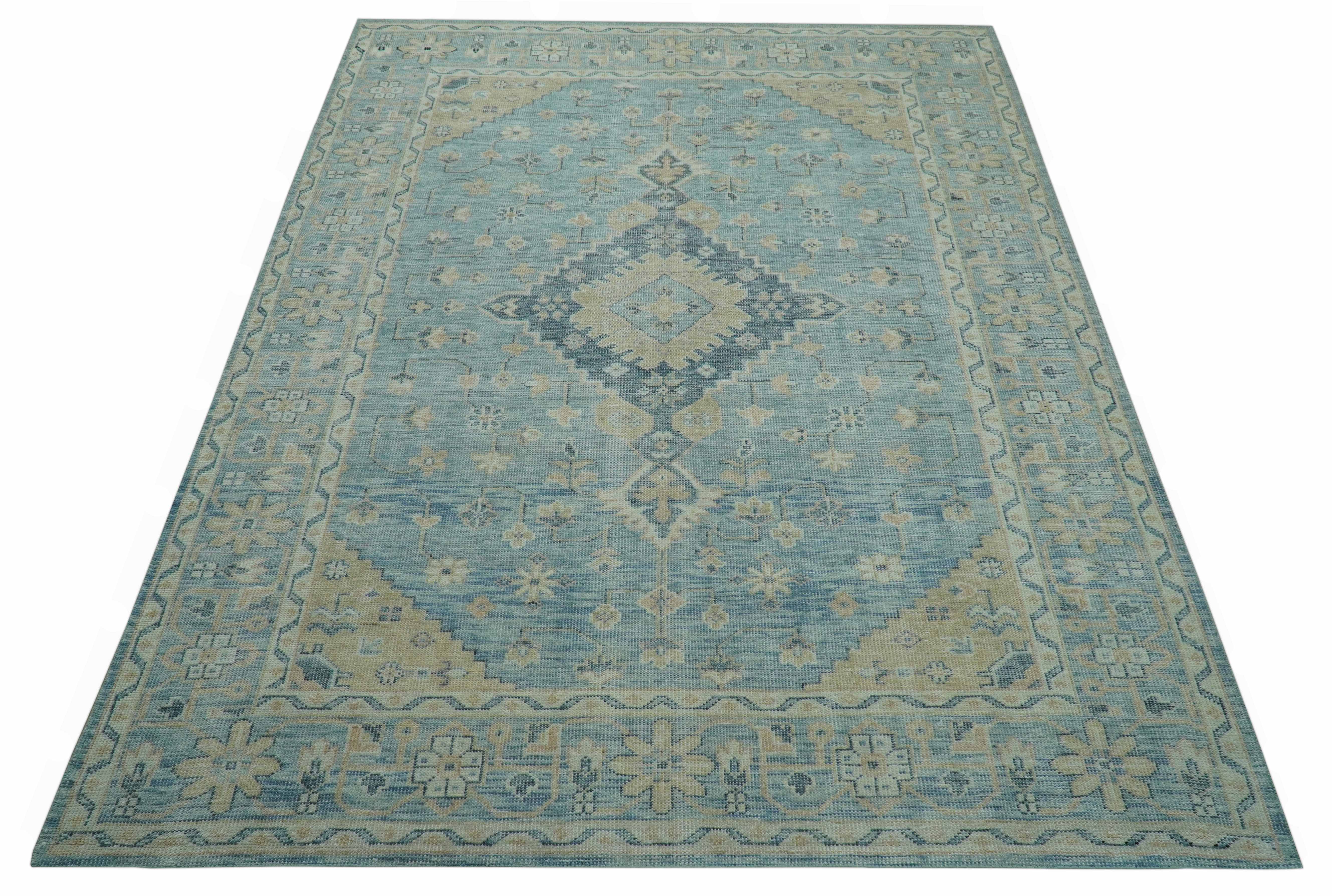 Traditional Turkish Design Blue And Beige Hand Knotted Wool Area Rug