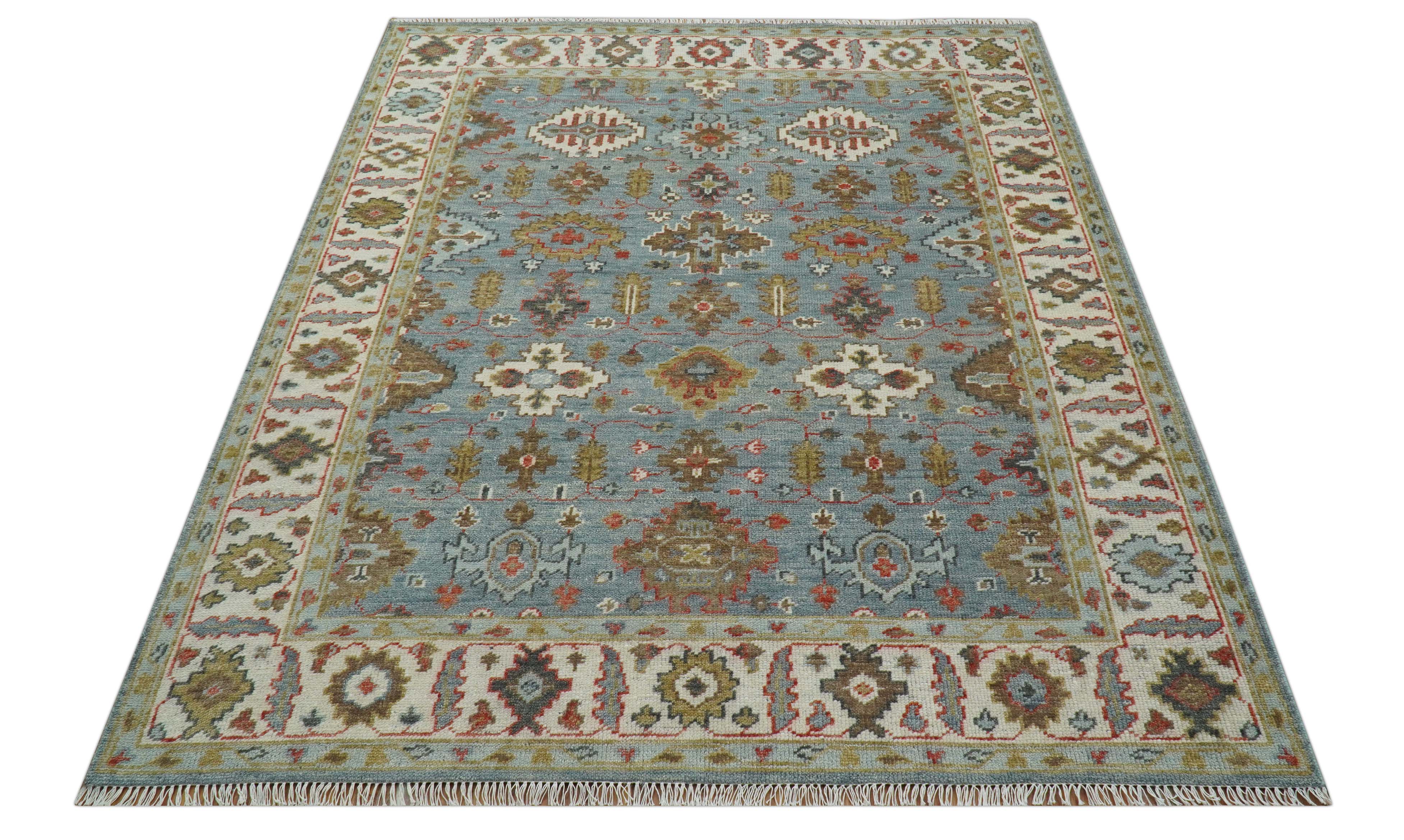 Custom Made Blue And Beige Traditional Hand Knotted Wool Area Rug