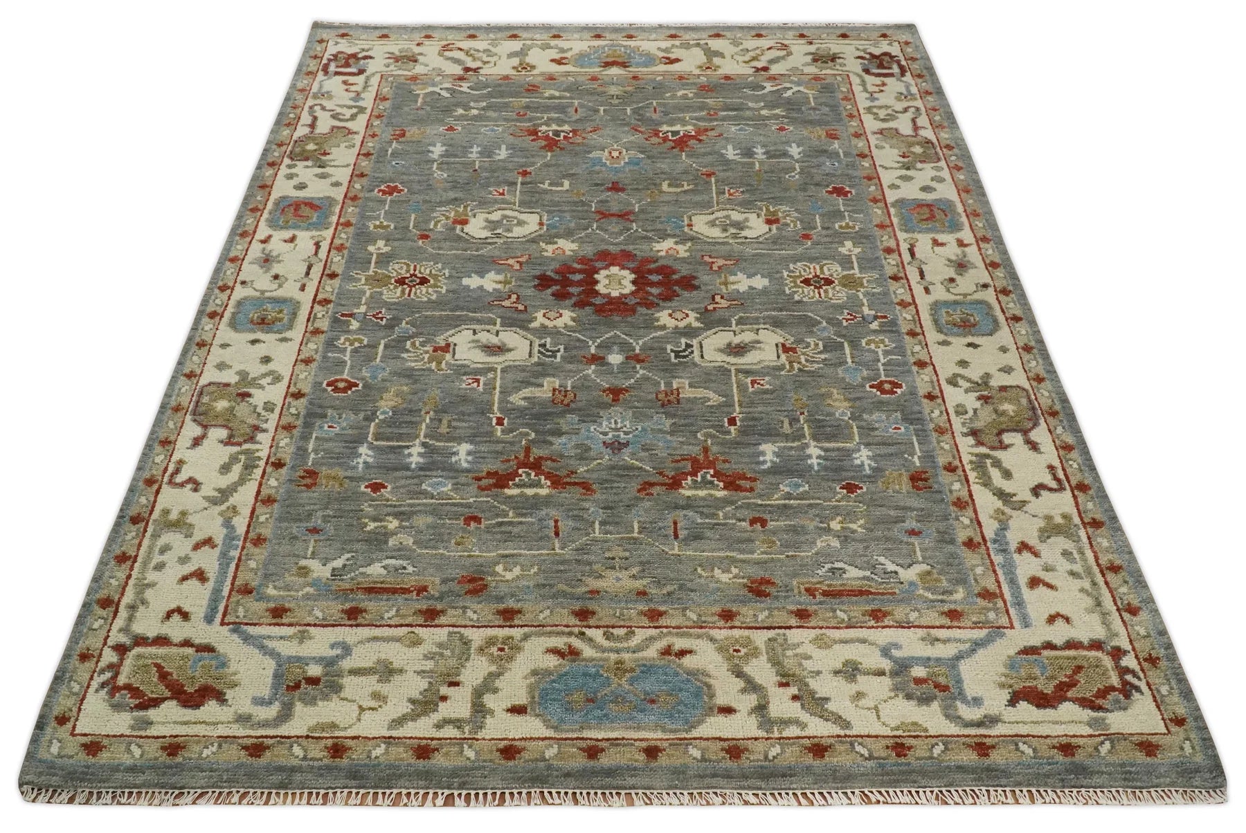 Hand Knotted Living Room Rug Charcoal, Red and Beige Traditional Vintage Style Custom Made Wool Area Rug
