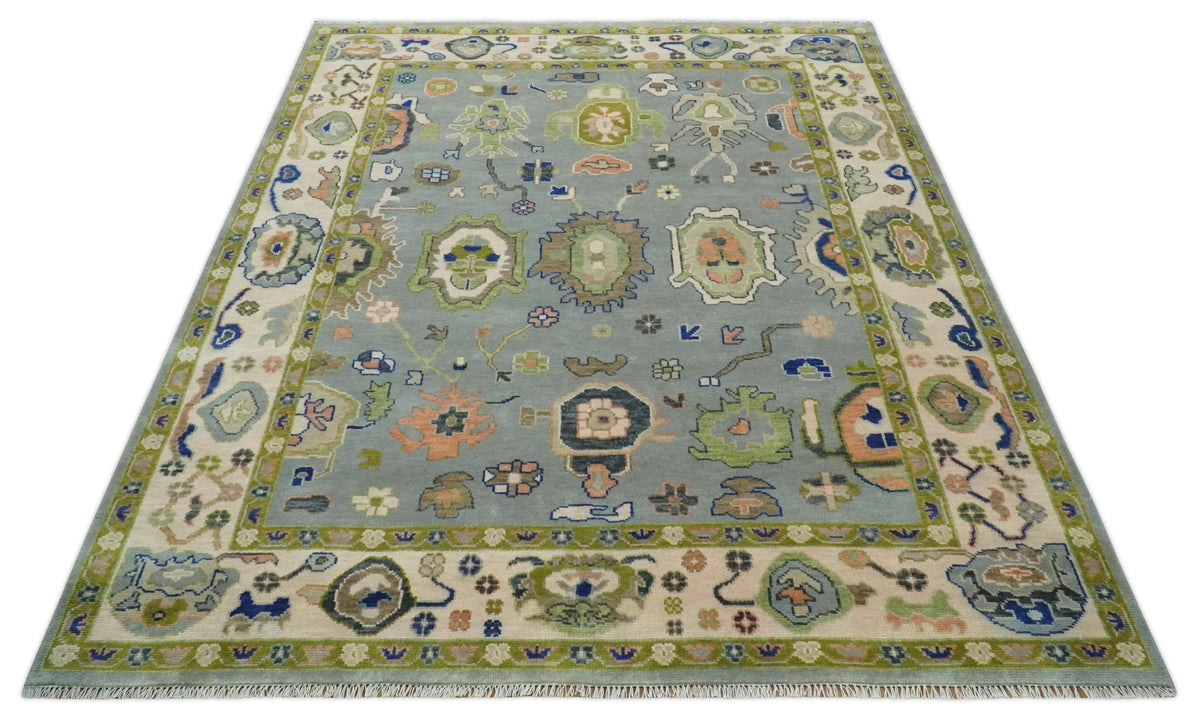 Vibrant Colorful Silver, Green and Light Peach Hand knotted Oushak wool Area Rug