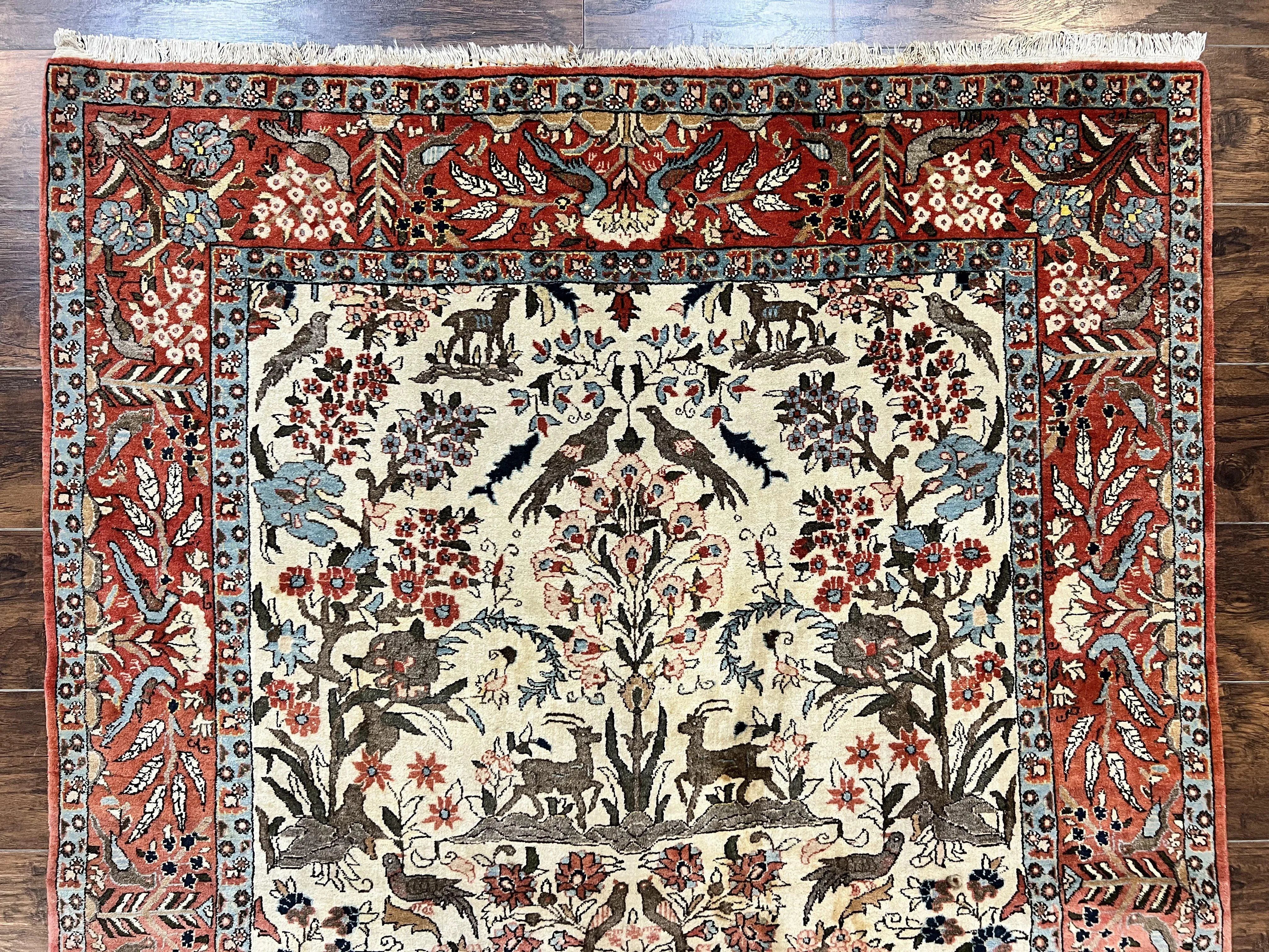 Persian Tree of Life 5x7, Qum Rug, Animal Motifs, Deer Birds, Fine 225 KPSI, Semi Antique Wool Rug, Cream Red
