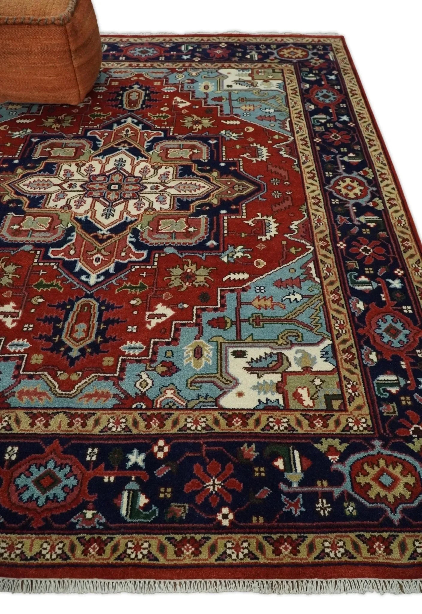 Rust and Blue Hand Knotted Traditional Heriz Serapi Multi Size wool Area Rug - The Mayfair Hall
