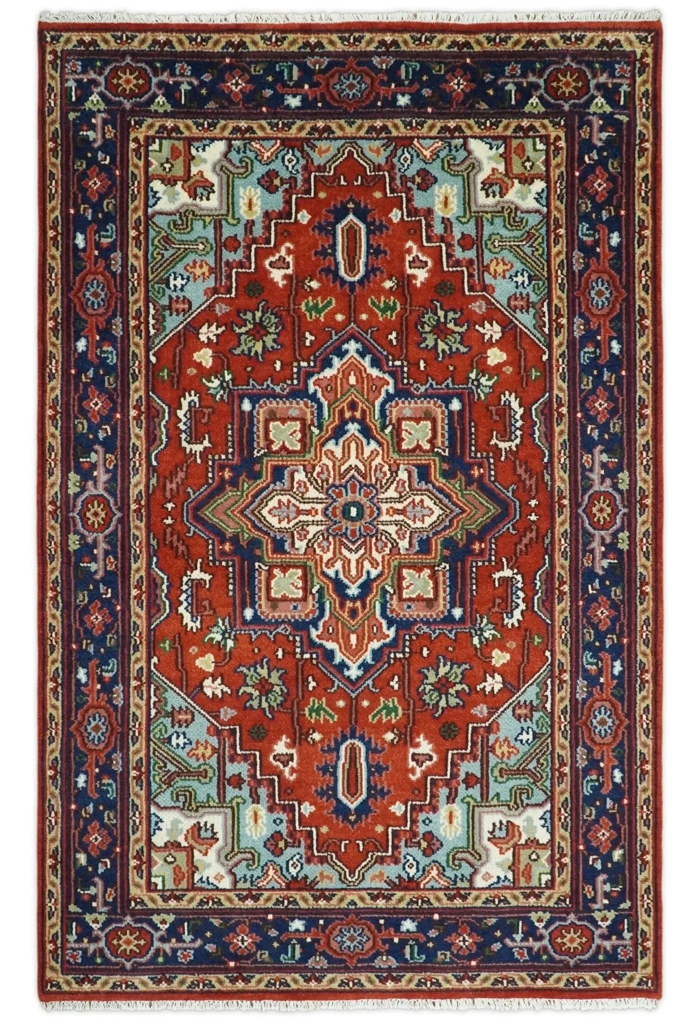 Rust and Blue Hand Knotted Traditional Heriz Serapi Multi Size wool Area Rug - The Mayfair Hall
