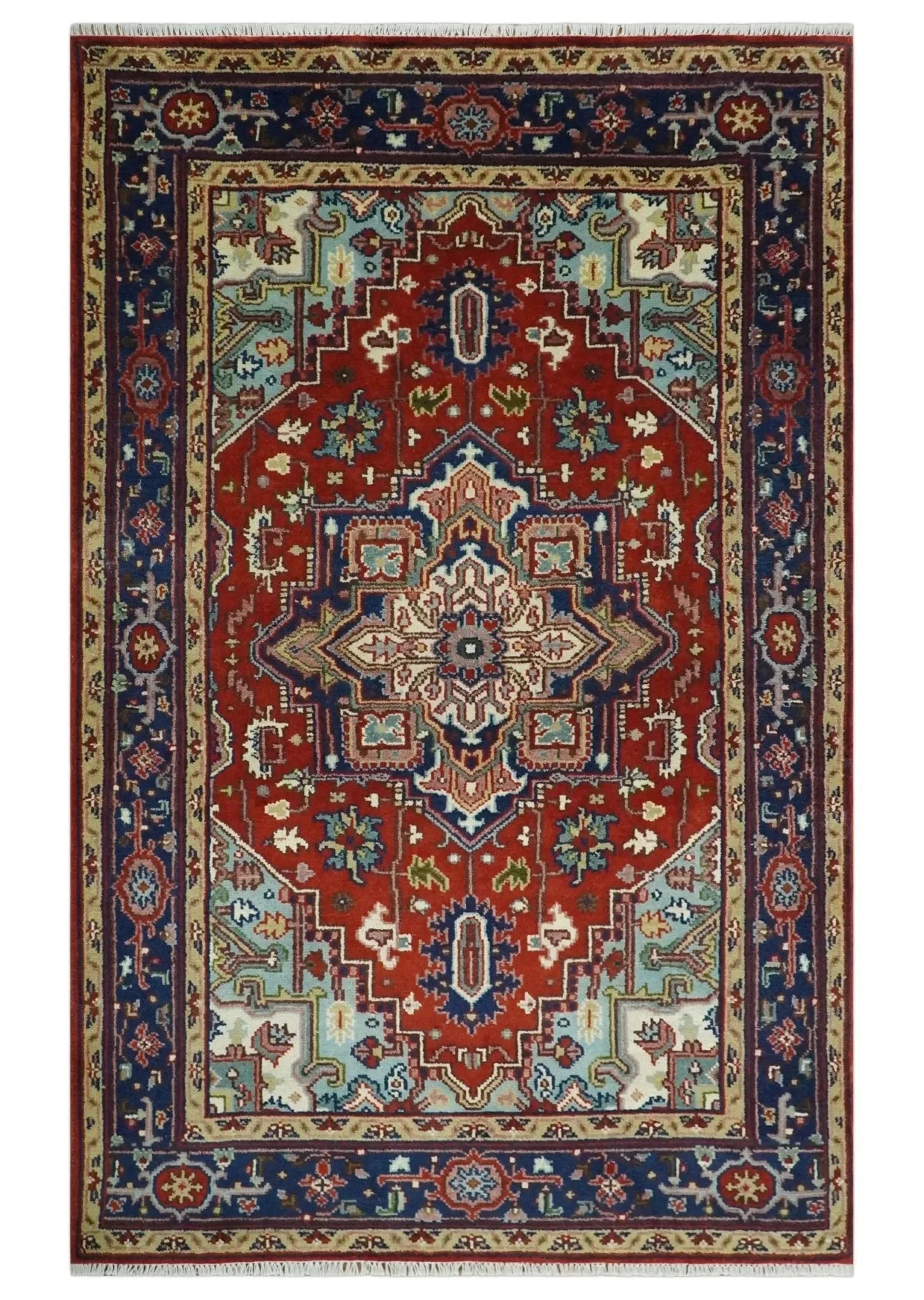 Rust and Blue Hand Knotted Traditional Heriz Serapi Multi Size wool Area Rug - The Mayfair Hall
