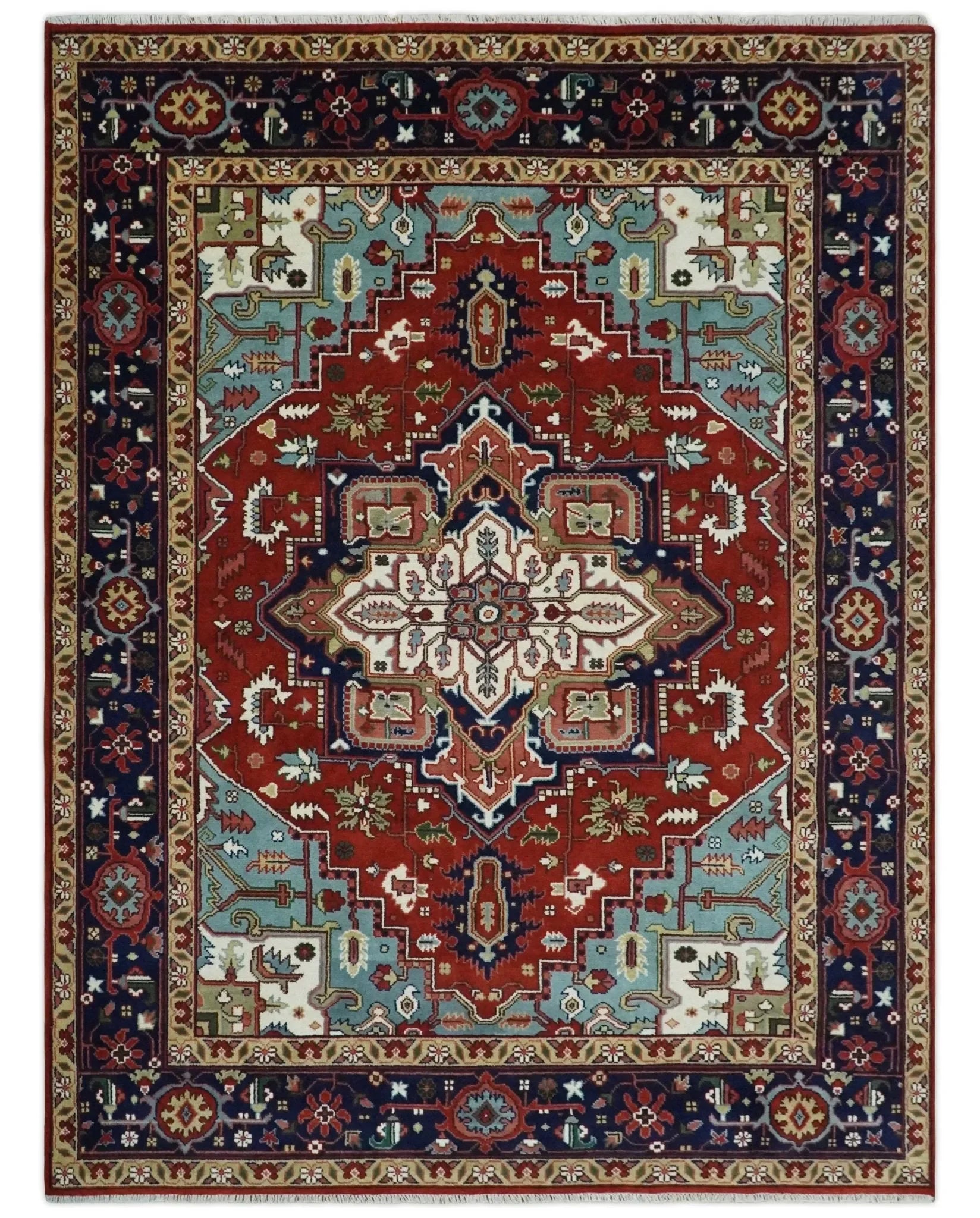 Rust and Blue Hand Knotted Traditional Heriz Serapi Multi Size wool Area Rug - The Mayfair Hall