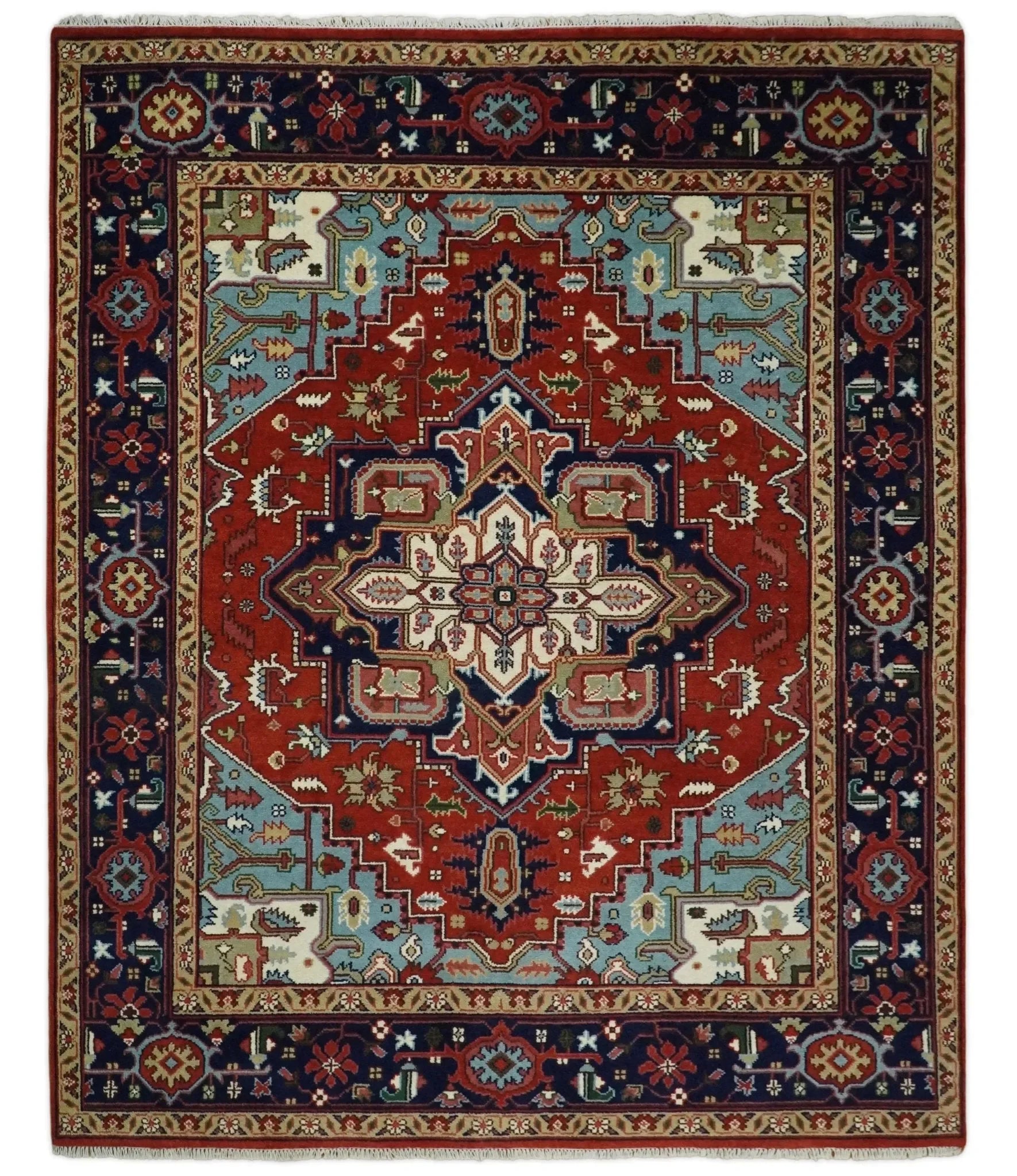 Rust and Blue Hand Knotted Traditional Heriz Serapi Multi Size wool Area Rug - The Mayfair Hall