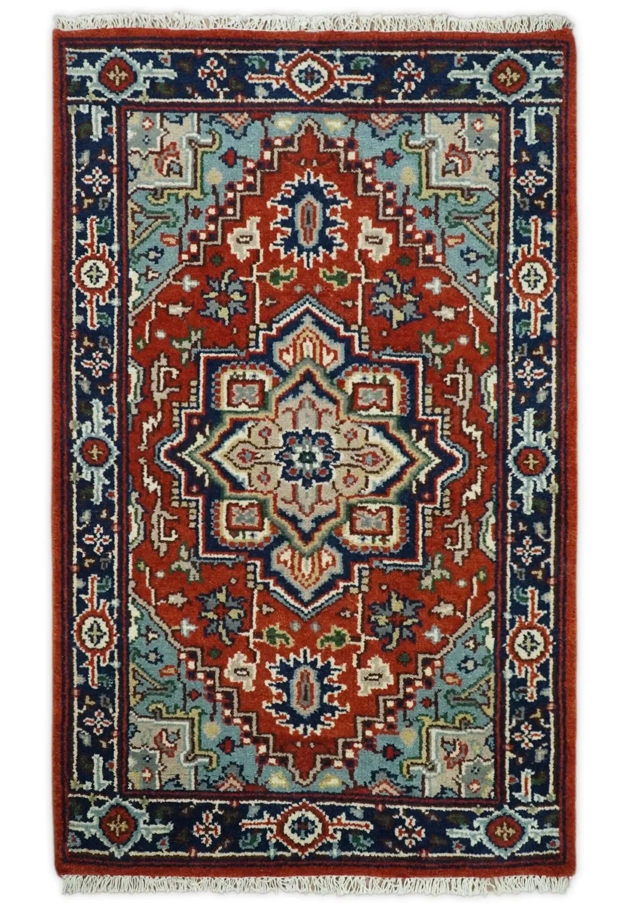 Rust and Blue Hand Knotted Traditional Heriz Serapi Multi Size wool Area Rug - The Mayfair Hall