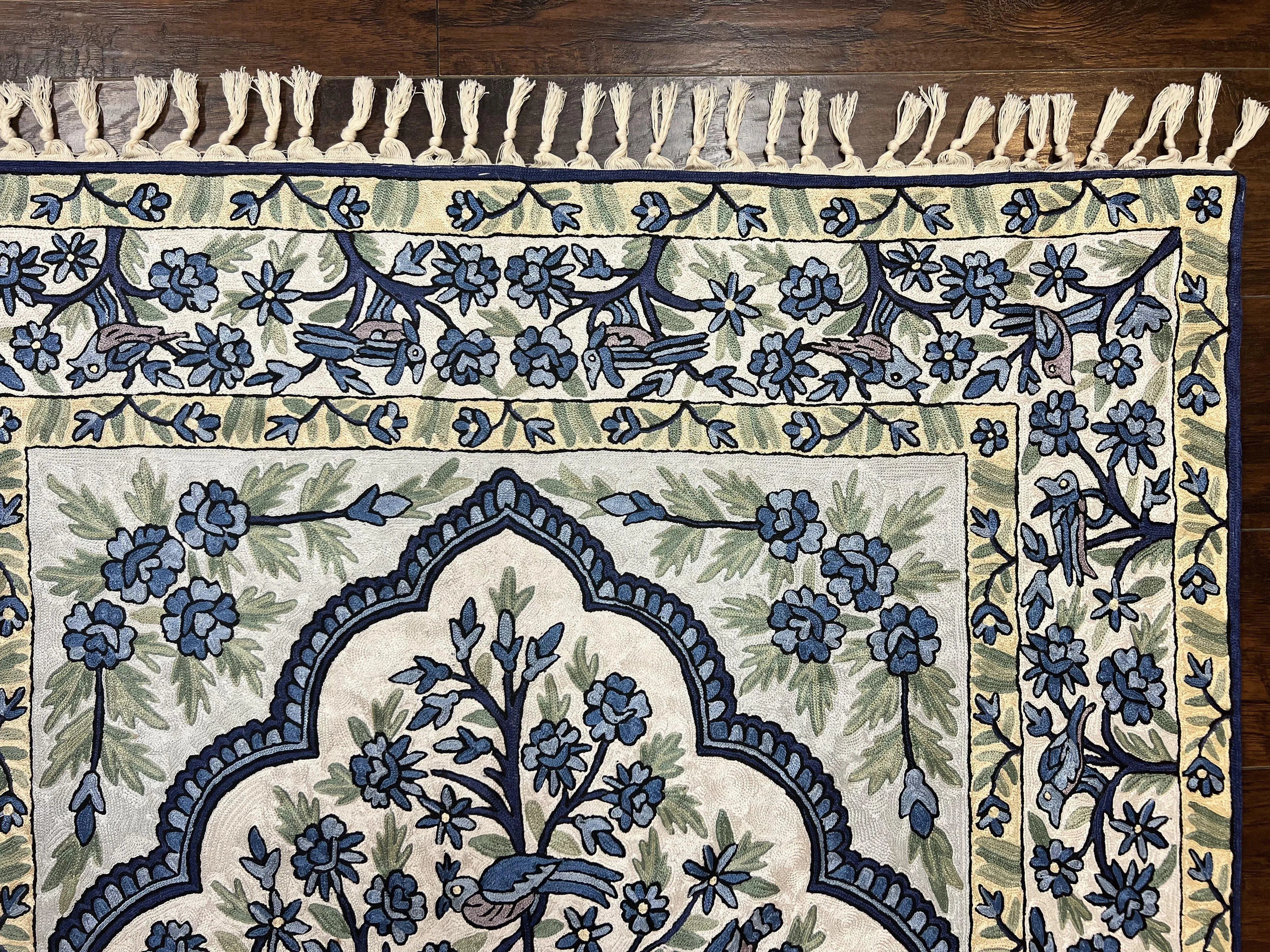 Tree of Life Indian Hand Stitched Rug 4x6, Indian Wall Hanging Rug, Ivory Blue, Silk on Cotton, Vintage