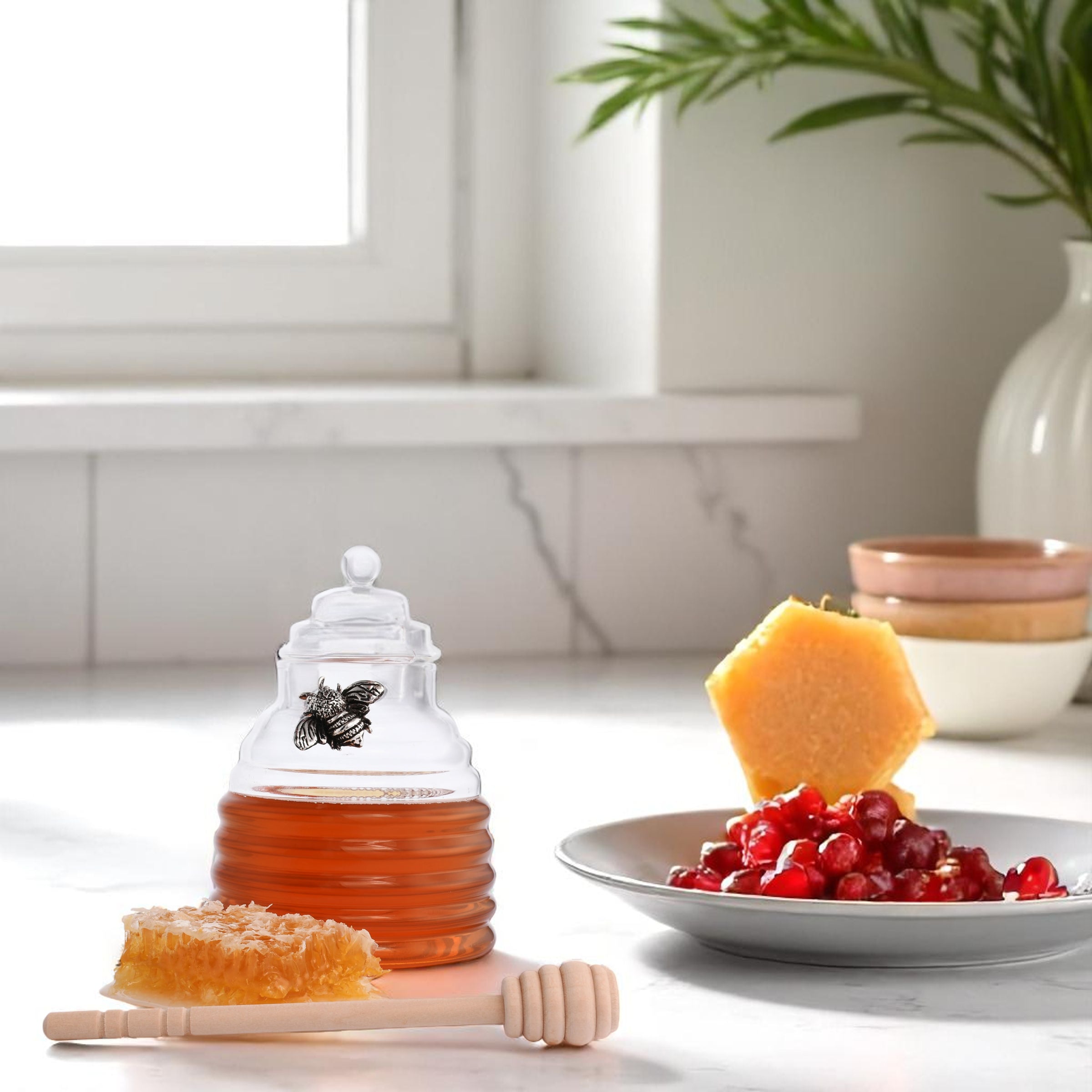 Silver Bee Honey Jar / Pot with Dipper