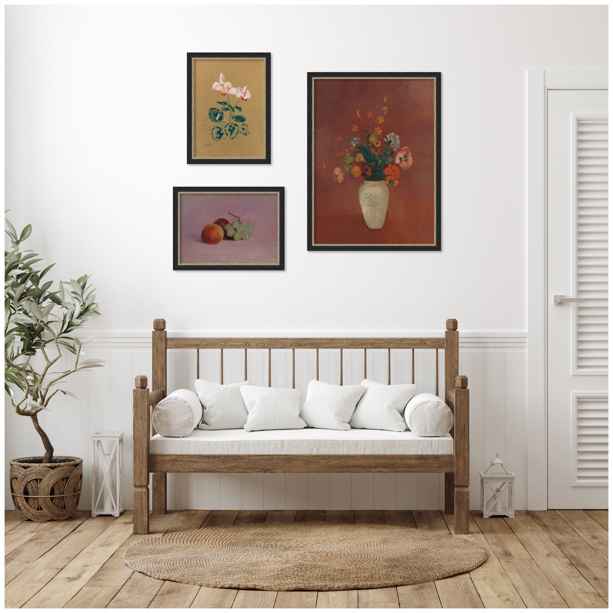 Cyclamen, Still Life with Fruit, & Bouquet in a Chinese Vase Odion Redo 3 Piece Framed Wall Art Print Set by Nostalgia Prints