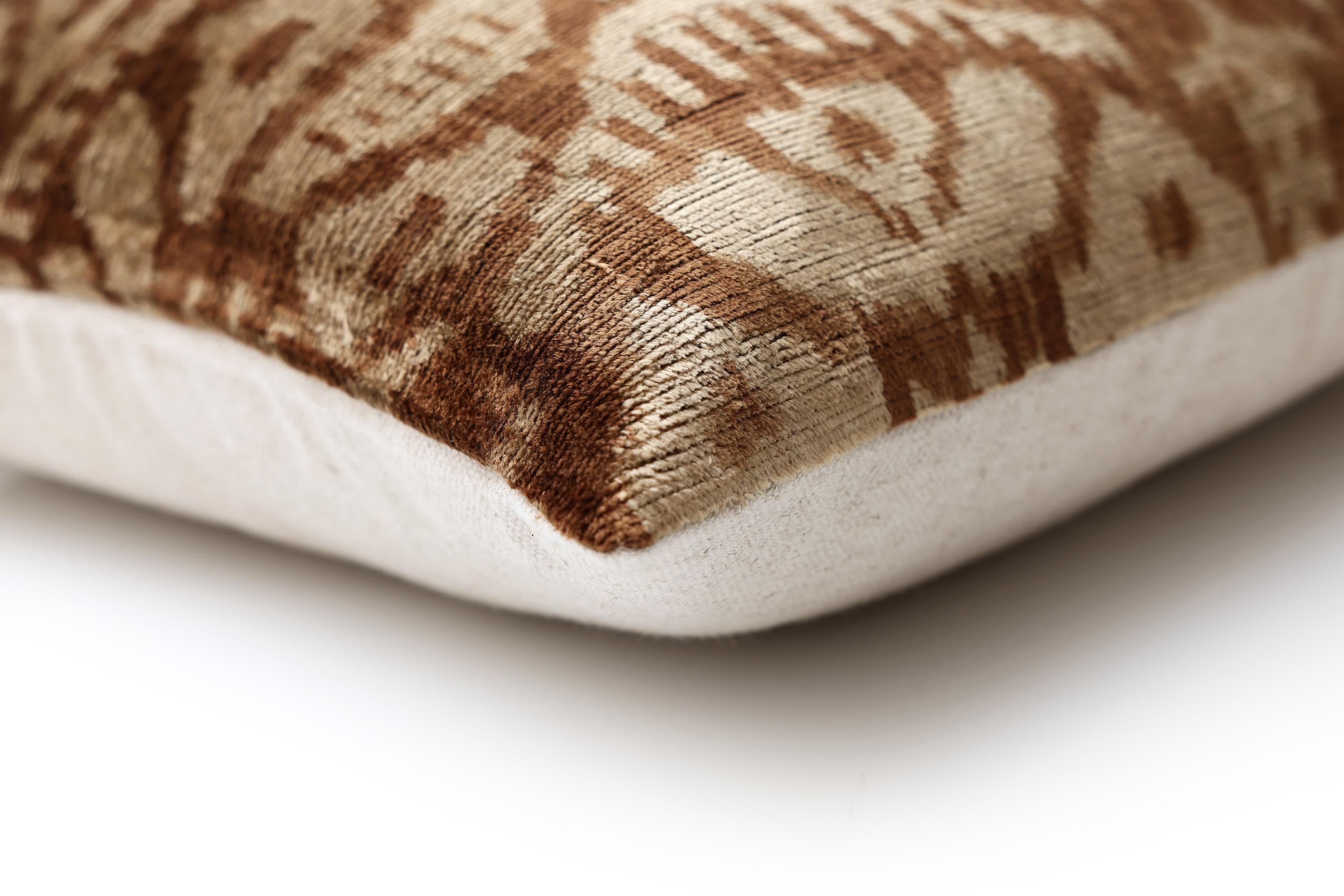 The Cognac & Cream Traditional Ikat Silk Velvet Pillow - 20" x 20"