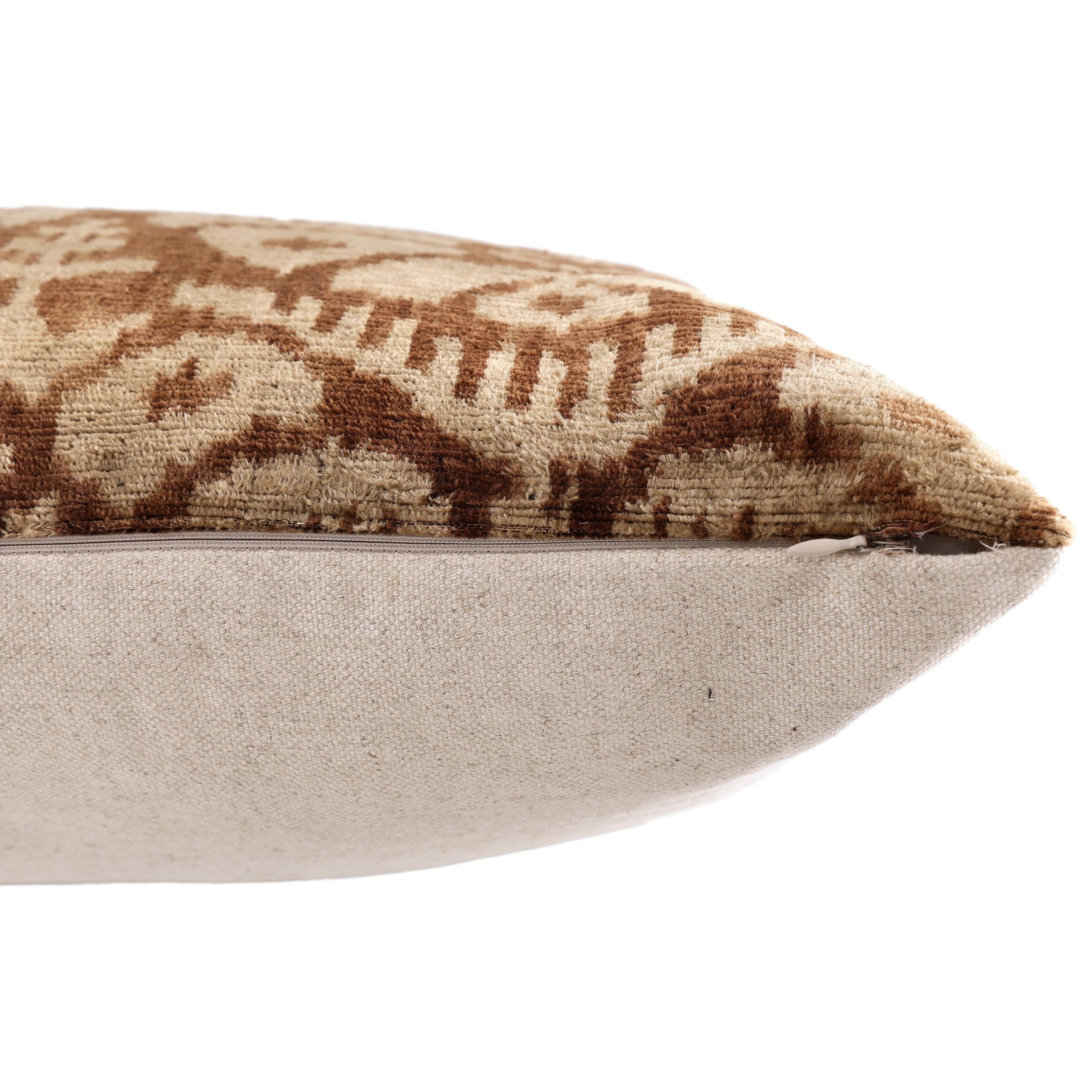 The Cognac & Cream Traditional Ikat Silk Velvet Pillow - 20" x 20"